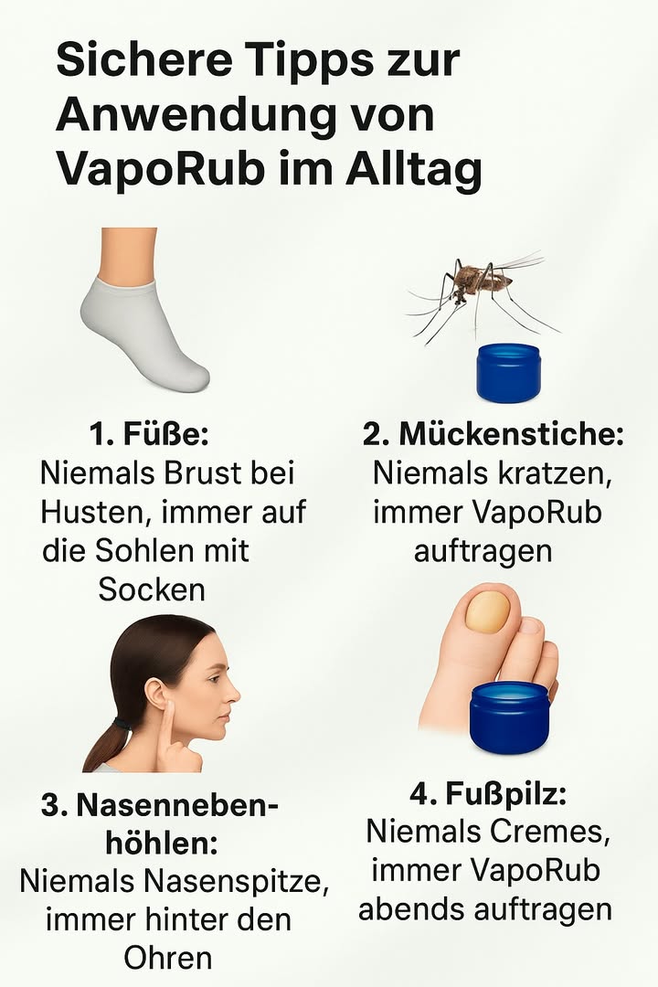 Richtige Anwendungsmöglichkeiten von VapoRub 

1 Füße
Anstatt es bei Husten auf die Brust zu reiben, trage VapoRub auf die Fußsohlen auf und ziehe Socken an. Die Wärme lindert die Verstopfung der Atemwege und fördert Entspannung.

2 Mückenstiche
Nicht kratzen. Eine kleine Menge VapoRub direkt auf den Stich auftragen, um Juckreiz und Schwellung zu reduzieren.

3 Nasennebenhöhlen
Nicht auf die Nasenspitze geben. Stattdessen hinter den Ohren auftragen, um die Atemwege zu befreien und das Atmen zu erleichtern.

4 Nagelpilz
Verzichte auf herkömmliche Cremes. Trage VapoRub jeden Abend auf die betroffenen Nägel auf, um Pilze zu bekämpfen und das gesunde Aussehen der Nägel wiederherzustellen.

 Ein einfaches, vielseitiges Produkt zur natürlichen Linderung alltäglicher Beschwerden.
#fblifestyle