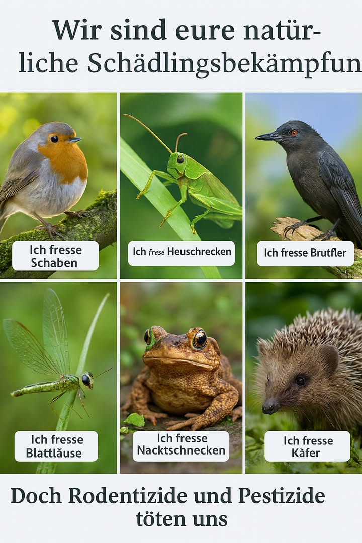 Dein Garten hat natürliche Schädlingsbekämpfung
 Eulen jagen Nagetiere
 Frösche fressen Mücken
 Libellen jagen Mückenfliegen
 Spinnen fangen Fliegen
 Opossums entfernen Zecken
 Meisen verringern Blattfressende Insekten

 Wenn du Rodentizide oder Pestizide einsetzt, tötst du auch die Helfer.
Lass den Garten etwas wilder  die Natur wird sich selbst regulieren.

#NatürlicheSchädlingsbekämpfung #GartenTipps