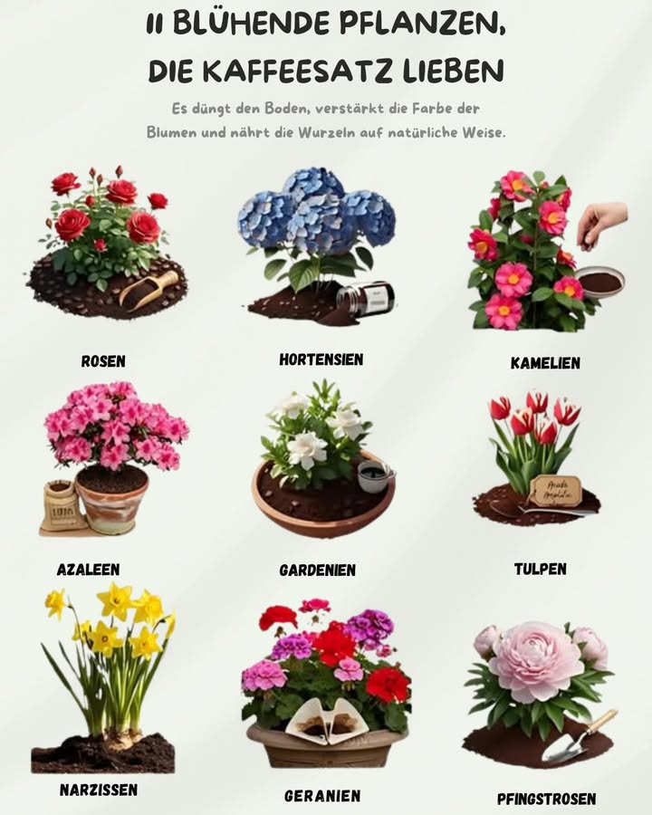 Blühende Pflanzen, die Kaffeesatz lieben 

1 Rosen
Mit etwas Kaffeesatz im Boden blühen sie voller Kraft. Aber nicht gleich die ganze Kaffeekanne reinkippen  sonst sieht es mehr nach Cafébeet als Rosengarten aus.

2 Hortensien
Sie lieben den sauren Boden durch Kaffeesatz. Viele wundern sich über die Farbänderung der Blüten  Überraschungseffekt inklusive!

3 Kamelien
Ein Schub Energie durch Kaffeesatz hält sie gesund. Lustig: Manche streuen ihn einfach oben drauf und wundern sich über Schimmel statt Blüten.

4 Azaleen
Diese Schönheiten gedeihen besser mit einer Portion Kaffeesatz. Klassiker-Fehler: Man vergisst, ihn unterzumischen und die Pflanze guckt beleidigt.

5 Gardenien
Sie bekommen kräftigere Wurzeln und glänzende Blätter. Wer sie liebt, kennt den Trick  außer man vergisst, den Kaffeesatz vorher trocknen zu lassen.

6 Tulpen
Auch Zwiebelblumen mögen den kleinen Kick. Aber nicht zu früh im Jahr geben, sonst landet der Kaffeesatz im Frost.

7 Narzissen
Ein bisschen Kaffeesatz lässt sie fröhlicher blühen. Kleiner Fail: Zu viel auf einmal, und es riecht mehr nach Espresso als nach Frühling.

8 Geranien
Sie danken dir mit knalligen Farben. Wer einmal den Kaffeesatz im Topf vergessen hat, kennt das Mini-Pilzfestival.

9 Pfingstrosen
Mit diesem natürlichen Dünger wirken sie wie kleine Königinnen im Beet. Aber bitte dosieren  sonst fühlen sie sich mehr wie im Kaffeebad.

 Mit Kaffeesatz wird dein Garten nicht nur nachhaltig, sondern auch farbenfroher  und die Pflanzen zeigen dir, wie sehr sie ihn lieben!