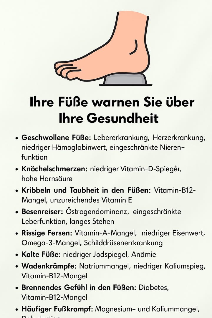 禮 Ihre Füße verraten Ihre Gesundheit 

1 Geschwollene Füße
Ein Zeichen für mögliche Leber- oder Herzerkrankungen. Auch ein niedriger Hämoglobinwert oder eine eingeschränkte Nierenfunktion können dafür verantwortlich sein.

2 Knöchelschmerzen
Häufig verursacht durch einen niedrigen Vitamin-D-Spiegel oder eine erhöhte Harnsäure im Blut, die Gelenke belastet.

3 Kribbeln und Taubheit
Deutet oft auf einen Mangel an Vitamin B12 oder Vitamin E hin. Beide Vitamine sind entscheidend für gesunde Nervenfunktionen.

4 Besenreiser
Kleine sichtbare Äderchen können auf eine Östrogendominanz, eingeschränkte Leberfunktion oder langes Stehen zurückzuführen sein.

5 Rissige Fersen
Ein Hinweis auf Vitamin-A- oder Omega-3-Mangel, niedrigen Eisenwert oder eine Schilddrüsenerkrankung.

6 Kalte Füße
Können auf einen niedrigen Jodspiegel oder eine Anämie hindeuten, die die Durchblutung beeinträchtigt.

7 Wadenkrämpfe
Oft ausgelöst durch einen Mangel an Natrium, Kalium oder Vitamin B12.

8 Brennendes Gefühl in den Füßen
Ein häufiges Symptom bei Diabetes oder Vitamin-B12-Mangel.

9 Häufiger Fußkrampf
Kann auf Magnesium- und Kaliummangel oder Dehydrierung hinweisen.

喙 Die Füße sind ein Spiegel des gesamten Körpers. Veränderungen ernst zu nehmen hilft, gesundheitliche Probleme früh zu erkennen und vorzubeugen.