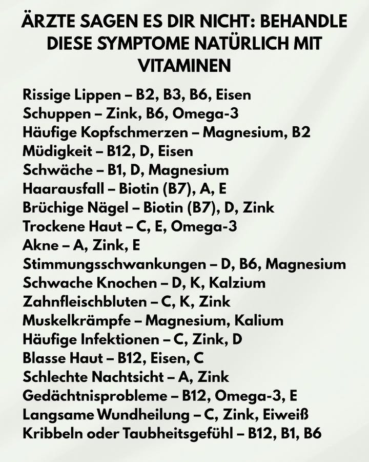 Natürliche Wege, häufige Symptome mit Vitaminen zu lindern 

Viele alltägliche Beschwerden hängen direkt mit Nährstoffmängeln zusammen. Der Körper sendet Signale, lange bevor ernsthafte Probleme entstehen. Mit den richtigen Vitaminen und Mineralstoffen lassen sich viele Symptome auf natürliche Weise verbessern.

 1. Rissige Lippen

Häufig ein Hinweis auf einen Mangel an B2, B3, B6 oder Eisen.

 2. Schuppen

Zink, Vitamin B6 und Omega-3 unterstützen eine gesunde Kopfhaut.

洛 3. Häufige Kopfschmerzen

Magnesium beruhigt das Nervensystem, B2 fördert die Energieproduktion.

 4. Müdigkeit

Niedrige Werte an B12, Vitamin D oder Eisen können die Hauptursache sein.

例 5. Schwächegefühl

Vitamin B1, D und Magnesium spielen eine zentrale Rolle für Muskel- und Nervenfunktion.

六零 6. Haarausfall

Biotin B7, Vitamin A und E stärken Haarwurzeln und fördern Wachstum.

 7. Brüchige Nägel

Biotin, Vitamin D und Zink sorgen für kräftige, glatte Nägel.

林 8. Trockene Haut

Vitamin C, E und Omega-3-Fettsäuren versorgen die Haut mit Feuchtigkeit und Schutz.

 9. Akne

Vitamin A, Zink und E unterstützen die Hautregeneration.

 10. Stimmungsschwankungen

Vitamin D, B6 und Magnesium wirken stabilisierend auf das Nervensystem.

領 11. Schwache Knochen

Vitamin D, K und Kalzium sind unersetzlich für eine starke Knochenstruktur.

喝 12. Zahnfleischbluten

Vitamin C, K und Zink unterstützen die Mundgesundheit.

 13. Muskelkrämpfe

Magnesium und Kalium helfen den Muskeln, sich zu entspannen.

蠟 14. Häufige Infektionen

Vitamin C, Zink und Vitamin D stärken das Immunsystem.

流 15. Blasse Haut

Oft ein Zeichen für B12-, Eisen- oder Vitamin-C-Mangel.

 16. Schlechte Nachtsicht

Vitamin A und Zink sind wichtig für die Netzhaut.

易 17. Gedächtnisprobleme

B12, Omega-3 und Vitamin E unterstützen Gehirnleistung und Konzentration.

啕 18. Langsame Wundheilung

Vitamin C, Zink und ausreichend Eiweiß sind entscheidend für Gewebereparatur.

 19. Kribbeln oder Taubheitsgefühl

Kann auf einen Mangel an B12, B1 oder B6 hindeuten.

 Fazit

Der Körper sendet Warnsignale  und viele davon hängen direkt mit Vitamin- und Mineralstoffmängeln zusammen. Eine ausgewogene Ernährung, reich an natürlichen Nährstoffen, kann vieles verbessern und Beschwerden deutlich lindern. Wenn Symptome jedoch anhalten, ist eine ärztliche Abklärung immer sinnvoll.