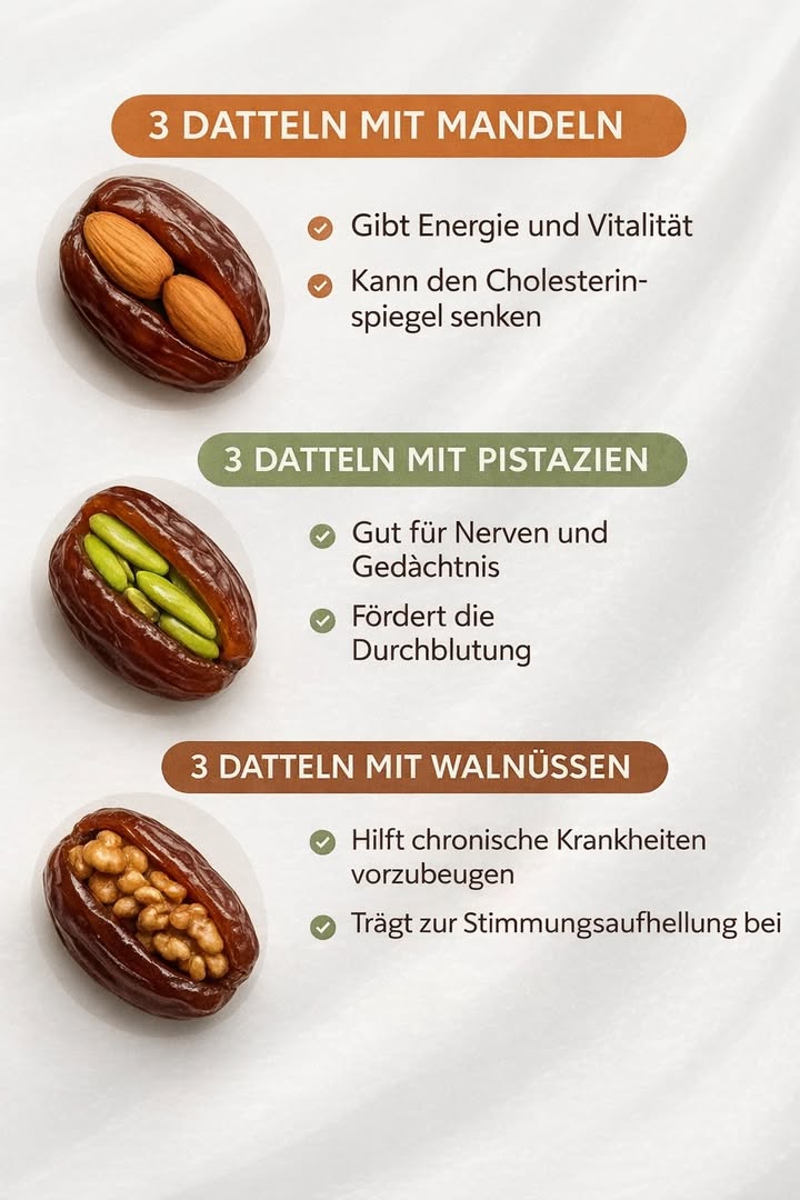 Gefüllte Datteln mit Nüssen: natürlicher & smarter Snack 

Hauptidee
Ein praktischer Snack, der die natürliche Süße der Dattel mit Ballaststoffen, guten Fetten und Proteinen aus Nüssen verbindet. Sorgt für gleichmäßige Energie und angenehme Sättigung.

Datteln mit Mandeln
 2 Mandeln pro Dattel
 Ideal vor körperlicher Aktivität oder während der Arbeit
 Ungesättigte Fette und Ballaststoffe, die im Rahmen einer ausgewogenen Ernährung zum Fettstoffwechsel beitragen können

Datteln mit Pistazien
 Grüne Pistazienkerne als Füllung
 Kombination aus Kohlenhydraten und guten Fetten zur Unterstützung von Konzentration und Stabilität
 Antioxidantien, die Nerven und Durchblutung unterstützen können

Datteln mit Walnüssen
 Eine halbe Walnuss pro Dattel
 Angenehme Sättigung dank hochwertiger Fette und Ballaststoffe
 Fettsäuren, die in einer vollwertigen Ernährung das allgemeine Wohlbefinden und die Stimmung unterstützen können

Empfohlene Portion
 3 gefüllte Datteln = 1 Portion, ideal mit einem Glas Wasser oder arabischem Kaffee

Hinweis für Personen mit Zuckerregulation
 Datteln enthalten von Natur aus viel Zucker: Die Menge bei Diabetes oder kalorienreduzierten Diäten entsprechend anpassen

Zusammenfassung
Drei smarte Happen mit Mandeln, Pistazien und Walnüssen: einfach zuzubereiten, aromatisch und bei maßvollem Genuss ein sanfter Energielieferant mit ausgewogenem Nährstoffprofil.