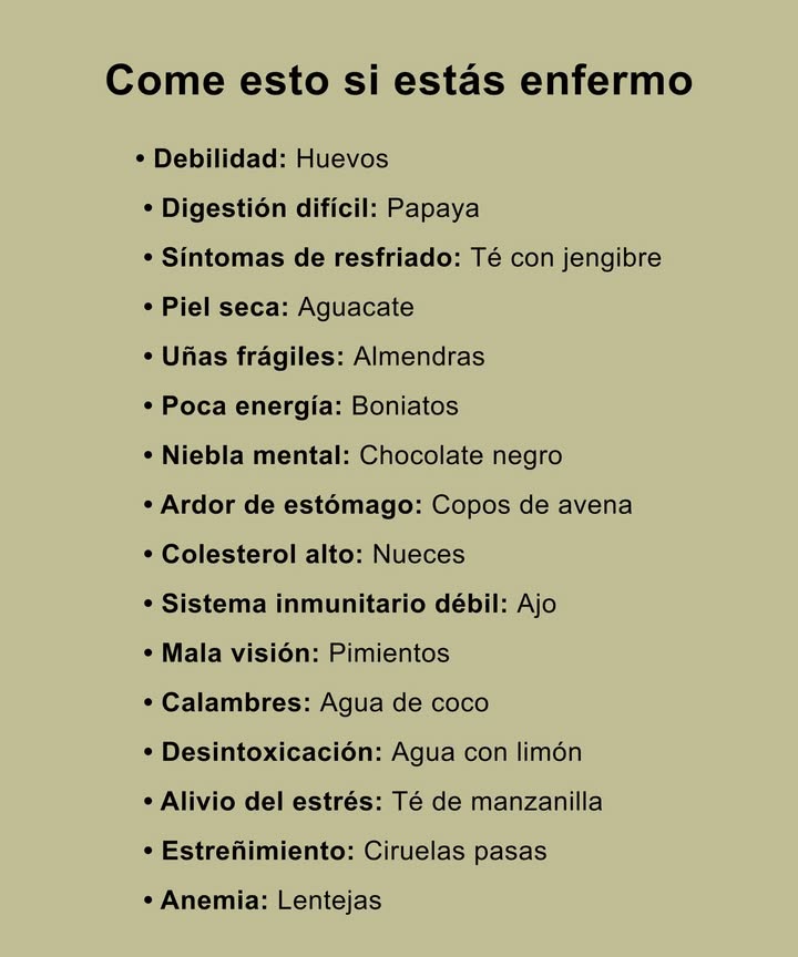 Si te sientes mal, aquí te dejamos algunas recomendaciones:

 Para la debilidad: Huevos!
 Si tienes digestión difícil: Prueba la papaya.
 Para síntomas de resfriado: Té de jengibre.
 Piel seca: Aguacate!
 Uñas frágiles: Almendras son la solución.
 Falta de energía: Consume boniatos.
 Niebla mental: Chocolate negro puede ayudar.
 Ardor de estómago: Copos de avena.
 Colesterol alto: Incluye nueces en tu dieta.
 Sistema inmunitario débil: Ajo es clave.
 Mala visión: Agrega pimientos a tus comidas.
 Calambres: Bebe agua de coco.
 Desintoxicación: Agua con limón es ideal.
 Alivio del estrés: Té de manzanilla.
 Estreñimiento: Ciruelas pasas son efectivas.
 Anemia: Las lentejas son tu aliada. 省陋北龍便