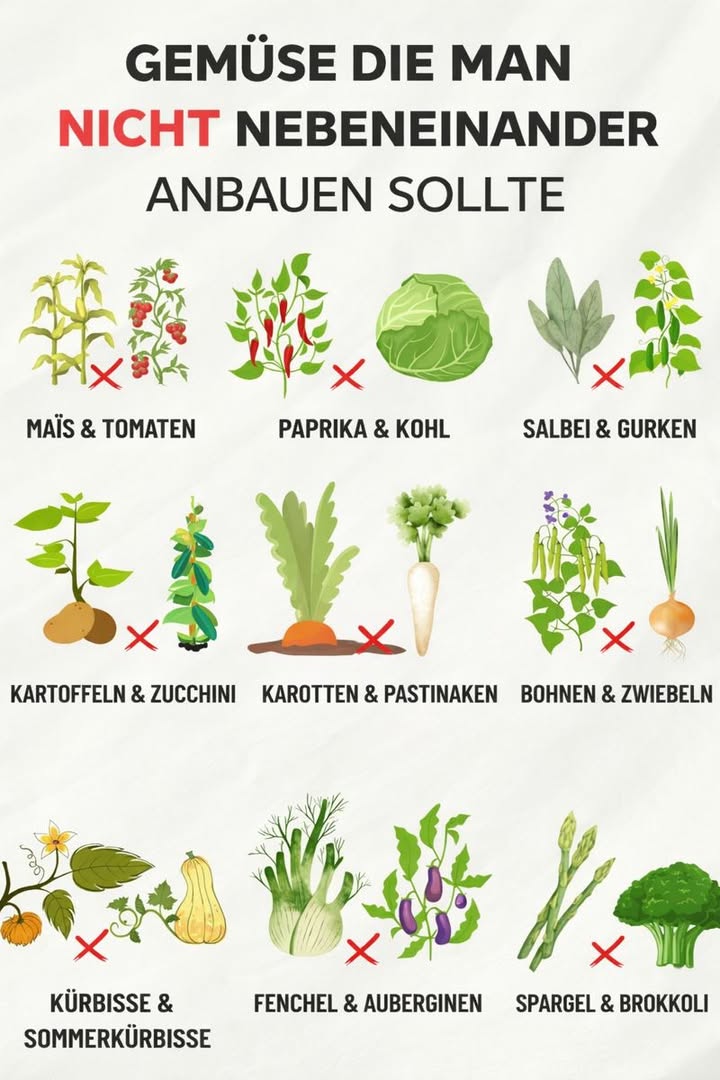 Gemüse, die man nicht nebeneinander anbauen sollte 

Ein guter Mischkultur-Plan schützt Pflanzen vor Konkurrenz, Krankheiten und Ertragseinbußen. Diese Kombinationen sollten im Garten bewusst getrennt werden.

1 Mais und Tomaten
Beide Pflanzen haben einen hohen Nährstoffbedarf. Stehen sie zusammen, konkurrieren sie stark um Stickstoff und Wasser, was das Wachstum deutlich schwächt.

2 Paprika und Kohl
Kohlarten hemmen die Entwicklung von Paprika. Zusätzlich steigt das Risiko für Schädlinge und Bodenmüdigkeit.

3 Salbei und Gurken
Salbei gibt ätherische Öle ab, die das Wachstum von Gurken beeinträchtigen und die Fruchtbildung reduzieren können.

4 Kartoffeln und Zucchini
Diese Kombination fördert Pilzkrankheiten wie Mehltau und Krautfäule. Beide Pflanzen belasten den Boden stark.

5 Karotten und Pastinaken
Als nahe Verwandte ziehen sie dieselben Schädlinge an und konkurrieren um Platz im Boden.

6 Bohnen und Zwiebeln
Zwiebeln hemmen das Wachstum von Bohnen, während Bohnen die Zwiebelentwicklung stören.

7 Kürbisse und Sommerkürbisse
Beide Pflanzen breiten sich stark aus und behindern sich gegenseitig bei Licht und Nährstoffen.

8 Fenchel und Auberginen
Fenchel wirkt wachstumshemmend auf viele Gemüsesorten und sollte immer separat stehen.

9 Spargel und Brokkoli
Brokkoli entzieht dem Boden viele Nährstoffe, die Spargel für ein langfristig gesundes Wachstum benötigt.

Wer diese ungünstigen Nachbarschaften vermeidet, sorgt für gesündere Pflanzen, weniger Krankheiten und eine stabilere Ernte.