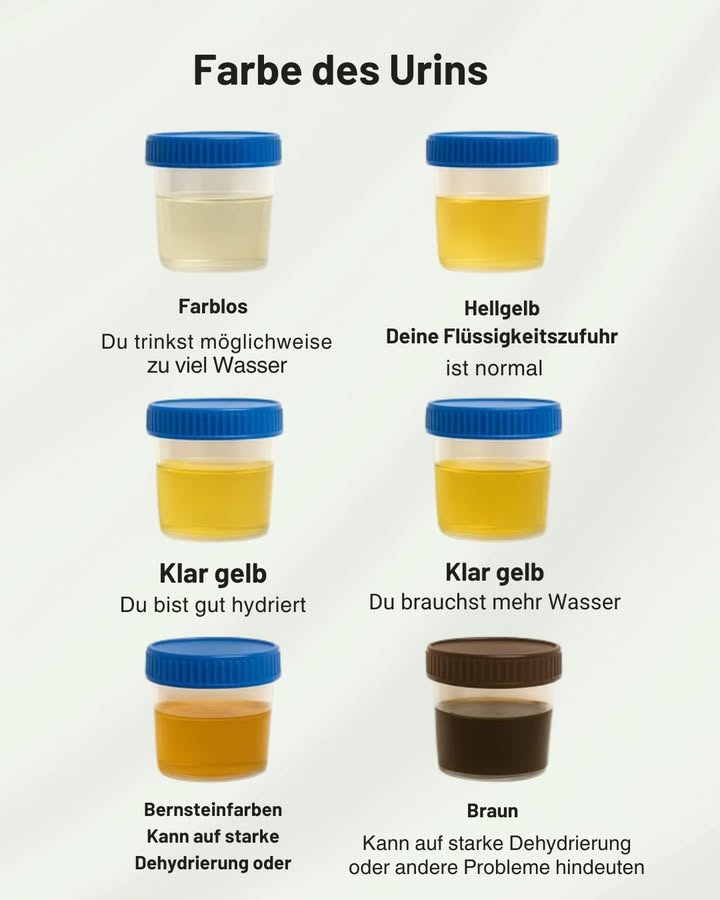 Farbe des Urins verstehen 
Die Farbe des Urins sagt viel über den Flüssigkeitshaushalt und manchmal auch über die Gesundheit aus. Die folgende Übersicht hilft, die wichtigsten Signale richtig einzuordnen, ersetzt aber keine ärztliche Diagnose.
1 Farblos  du trinkst sehr viel Wasser 
Sehr heller, fast durchsichtiger Urin bedeutet meist, dass sehr viel getrunken wurde. Die Nieren arbeiten dann auf Hochtouren, um die überschüssige Flüssigkeit auszuscheiden. Kurzzeitig ist das unproblematisch, dauerhaft kann es jedoch Mineralstoffe verdünnen.
2 Hellgelb  optimale Flüssigkeitszufuhr 
Hellgelber Urin gilt als Normalzustand. Er zeigt in der Regel an, dass der Körper ausreichend mit Wasser versorgt ist und die Nieren gut arbeiten.
3 Klar gelb  gut hydriert 
Ein etwas kräftigeres, aber noch klares Gelb steht oft für eine gute Hydration. Der Körper nutzt das Wasser effizient, ohne stark konzentrierten Urin zu bilden.
4 Klar gelb, aber dunkler  du brauchst mehr Wasser 
Wird der Urin deutlich gelber, ist das ein Hinweis darauf, dass der Körper Wasser spart. Der Urin ist konzentrierter, weil zu wenig Flüssigkeit zur Verfügung steht. Mehr regelmäßiges Trinken über den Tag verteilt unterstützt hier den Kreislauf und die Nieren.
5 Bernsteinfarben  Zeichen deutlicher Dehydrierung 掠
Dunkelgelber bis bernsteinfarbener Urin ist ein klares Signal für Flüssigkeitsmangel. Der Körper versucht, Wasser zurückzuhalten, dadurch steigt die Konzentration der gelösten Stoffe. In dieser Phase ist es wichtig, zügig und über mehrere Stunden verteilt Wasser oder ungesüßte Getränke zuzuführen.
6 Braun  Warnsignal für Körper und Organe 
Brauner Urin kann auf starke Dehydrierung hinweisen, aber auch auf ernstere Probleme wie Leber-, Gallen- oder Blutabbau-Störungen. Besonders in Kombination mit weiteren Symptomen wie Schmerzen, Fieber, Gelbfärbung der Haut oder starkem Unwohlsein ist eine rasche ärztliche Abklärung wichtig.
喙 Fazit
Die Urinfarbe ist ein einfacher Alltagshinweis für den eigenen Flüssigkeitshaushalt. Helle Gelbtöne sprechen meist für eine gute Hydration, dunklere Farben deuten auf Flüssigkeitsmangel hin, sehr dunkle oder braune Töne können ein ernstes Warnsignal sein. Ausreichend Wasser, eine ausgewogene Ernährung und ein bewusster Umgang mit Medikamenten unterstützen die Nieren täglich. Bei anhaltenden Veränderungen der Urinfarbe oder zusätzlichen Beschwerden ist ärztlicher Rat entscheidend.