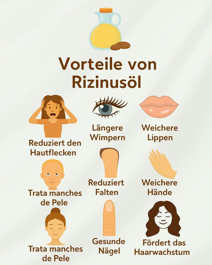 Rizinusöl: Das natürliche Geheimnis für Schönheit und Wohlbefinden 
1 Kräftigeres Haar 
Reduziert Haarausfall und regt das Wachstum an: Eine Kopfhautmassage wirkt wie ein Training für die Haarfollikel. Oft denkt man jedoch erst daran, wenn die Haare schon auf dem Kissen liegen.
2 Traumhafte Wimpern 
Mit einem sauberen Bürstchen aufgetragen, macht es die Wimpern dichter und widerstandsfähiger. Geduld ist nötig  eine Nacht reicht nicht aus, um sich in Bambi zu verwandeln.
3 Weiche Lippen 
Ein einfaches Mittel gegen Trockenheit. Besonders im Winter, wenn der eisige Wind das Lächeln rauben will.
4 Elastische Haut 
Dank Fettsäuren und Vitamin E hilft es, Fältchen zu mildern. Keine Magie, sondern Beständigkeit  gelegentliche Anwendung genügt nicht.
5 Tschüss Cellulite 
Regelmäßig einmassiert, unterstützt es die Durchblutung und macht die Haut glatter. Soforteffekte gibt es nicht, Ausdauer ist entscheidend.
6 Samtweiche Hände 爐
Ideal bei Rissen und trockener Haut. Ein natürlicher Verbündeter, anstelle der typischen Handcreme, die oft ungenutzt bleibt.
7 Hellere Hautflecken 
Gleicht den Hautton aus und mindert kleine Verfärbungen. Wundere dich nicht über fehlende Wunder in zwei Tagen  die Haut liebt Routine.
8 Starke Nägel 
Pflegt Nagelhaut und Nägel, schützt vor Brüchigkeit und Rissen. Besonders hilfreich nach zu häufigem Entfernen von Nagellack.
Rizinusöl ist ein kleiner Schatz, den man immer im Haus haben sollte: schlicht, natürlich und vielseitig einsetzbar