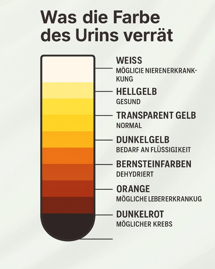 Was die Farbe deines Urins über deine Gesundheit verrät

Der Körper sendet oft kleine Signale, und die Farbe des Urins gehört dazu. Sie kann einfache Hinweise auf deinen Flüssigkeitshaushalt und sogar auf bestimmte Organe geben. Hier ist, wie du sie richtig deutest 

懶 Weißlich: Kann auf ein Nierenproblem hinweisen. Wenn es anhält, Arztbesuch empfohlen.
 Sehr hellgelb: Ideal! Dein Körper ist gut hydriert.
 Transparentgelb: Normal  trinke regelmäßig weiter.
 Dunkelgelb: Dein Körper braucht etwas mehr Wasser  trinke ausreichend.
 Bernsteinfarben: Deutliche Anzeichen von Dehydrierung  erhöhe die Flüssigkeitszufuhr.
 Orange: Kann mit Leber oder Gallenwegen zusammenhängen  beobachte die Veränderung.
 Rosa / Hellrot: Mögliche Blutspuren  ärztliche Kontrolle ratsam.
喝 Dunkelrot: Kann auf eine ernsthafte Erkrankung hinweisen  sofort medizinische Hilfe suchen.
 Tipp: Hellgelber Urin ist das Zeichen für eine gute Hydration und einen ausgeglichenen Körper.

#gesundheitswissen #fblifestyle