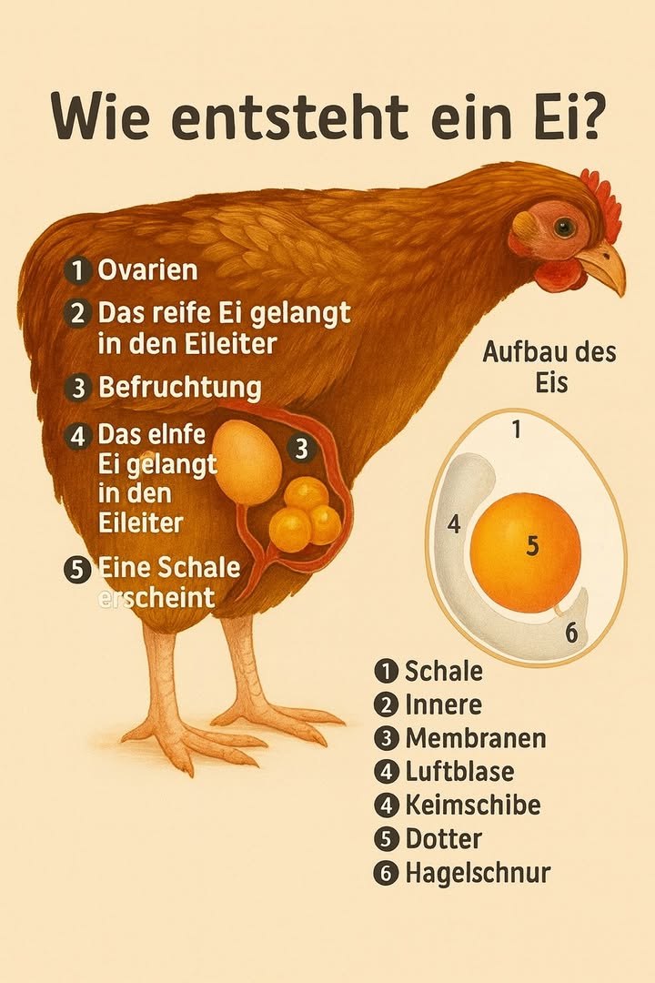 讀 Wie sich ein Ei im Inneren der Henne bildet 讀

1 In den Eierstöcken entstehen die Eizellen, die später das Eigelb bilden.
2 Das reife Ei wandert durch den Eileiter, wo eine Befruchtung stattfinden kann.
3 Um das Eigelb bildet sich das Eiweiß  eine schützende Schicht.
4 Danach entstehen die Membranen und die Luftkammer.
5 In der letzten Phase wird die Schale gebildet, die hauptsächlich aus Kalzium besteht.
6 Das vollständig entwickelte Ei gelangt durch die Kloake nach außen.

 Der gesamte Vorgang dauert etwa 24 Stunden  am Ende steht ein perfekt geformtes Ei, bereit zum Schutz und zur natürlichen Ernährung.
#fblifestyle