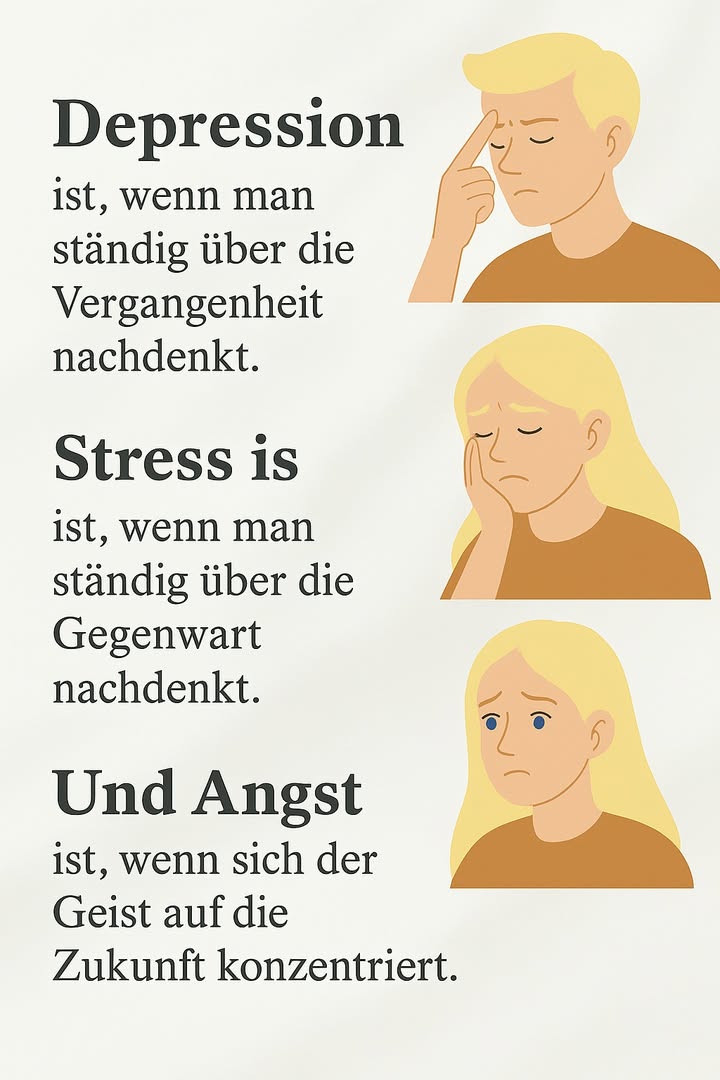 Emotionen verstehen und entlasten 

1 Depression erkennen
Depression entsteht, wenn der Geist dauerhaft in Erinnerungen verharrt. Das ständige Wiederholen vergangener Ereignisse führt zu innerer Schwere und zieht Energie aus dem Alltag. Die Rückkehr in eine stabile Gegenwart beginnt mit klaren Grenzen gegenüber belastenden Gedanken und dem Aufbau neuer Gewohnheiten.

2 Stress einordnen
Stress entsteht, wenn der Fokus ununterbrochen auf der Gegenwart liegt. Der Druck, alles gleichzeitig bewältigen zu müssen, erzeugt innere Unruhe. Regelmäßige Pausen, klare Prioritäten und bewusste Atmung helfen, die Kontrolle im Alltag zu stärken und körperliche Anspannung zu reduzieren.

3 Angst verstehen
Angst entsteht, wenn der Blick ausschließlich auf die Zukunft gerichtet ist. Das gedankliche Vorwegnehmen möglicher Schwierigkeiten erzeugt innere Unsicherheit. Eine klare Struktur, ruhige Routinen und das Zurückholen des Geistes in den aktuellen Moment stabilisieren die innere Balance.

Diese drei Zustände beeinflussen das tägliche Wohlbefinden und können durch bewusste Selbstfürsorge Schritt für Schritt gelindert werden.