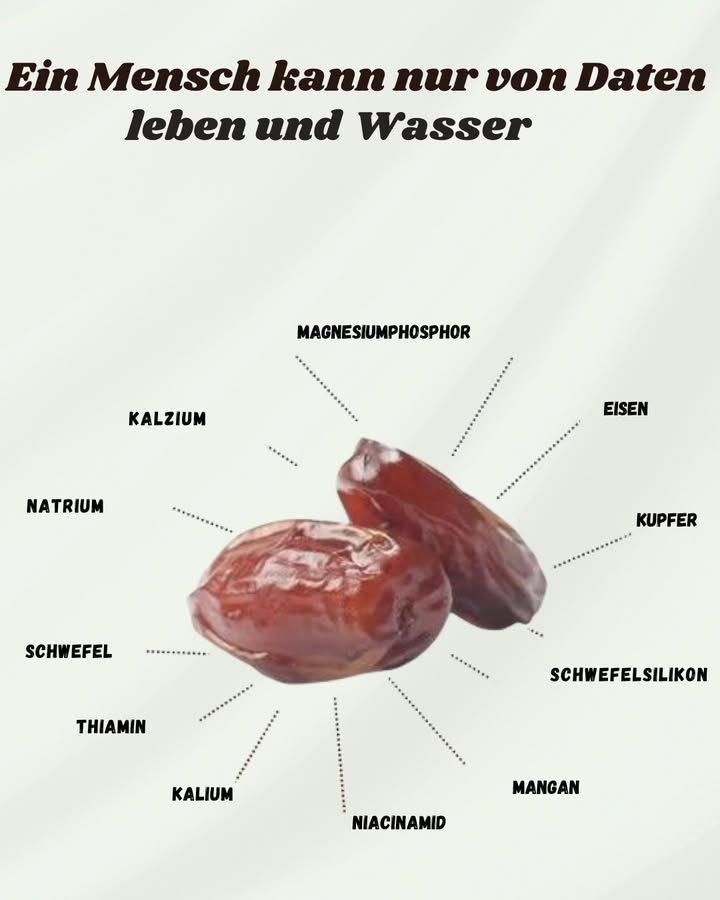 Datteln und Wasser: das lebenswichtige Duo der Wüste 

In den trockenen Regionen, wo das Leben unter der brennenden Sonne stillzustehen scheint, sind Datteln ein wahres Symbol für Kraft und Überleben. Diese goldenen Früchte, süß und nährstoffreich, sind ein natürliches Konzentrat an Energie und Lebenssubstanz.

Die Dattel  ein natürlicher Energieschatz
Hinter ihrem schlichten Aussehen verbirgt sich eine bemerkenswerte Fülle an essenziellen Nährstoffen:
 Magnesium  beruhigt das Nervensystem und stabilisiert den Blutdruck
 Phosphor  stärkt das Gedächtnis und festigt die Knochen
 Eisen  bekämpft Müdigkeit und beugt Anämie vor
 Kupfer und Mangan  wichtig für Zellregeneration und Immunsystem
 Kalzium  kräftigt Zähne und Knochen
 Kalium und Natrium  erhalten den Flüssigkeitshaushalt und unterstützen das Herz
 Vitamine B1 und B3  fördern Verdauung und Konzentration
 Silizium und Schwefel  pflegen Haut, Haare und unterstützen die Gelenke

Datteln sind leicht verdaulich, reich an Ballaststoffen und liefern langanhaltende, gesunde Energie. Sie sind der ideale Snack, um Kraft zu tanken  besonders nach körperlicher Anstrengung oder einem langen Tag.

Die perfekte Verbindung: Datteln und Wasser
Wasser zu trinken und gleichzeitig Datteln zu essen, ist eine uralte Geste, die Körper und Geist in Einklang bringt:
 Wasser rehydriert die Zellen und spült Giftstoffe aus.
 Datteln füllen Mineralstoffe und Energie wieder auf.

Dieses einfache, aber vollkommene Duo ist ein Symbol ernährungswissenschaftlicher Weisheit. Ideal während des Fastens, bei großer Hitze oder um neue Vitalität zu finden  es erinnert uns daran, dass die Natur oft alles bietet, was wir wirklich brauchen.

Eine Handvoll Datteln und ein Glas Wasser  das zeitlose Geheimnis der Wüste, um Körper und Geist zu nähren.