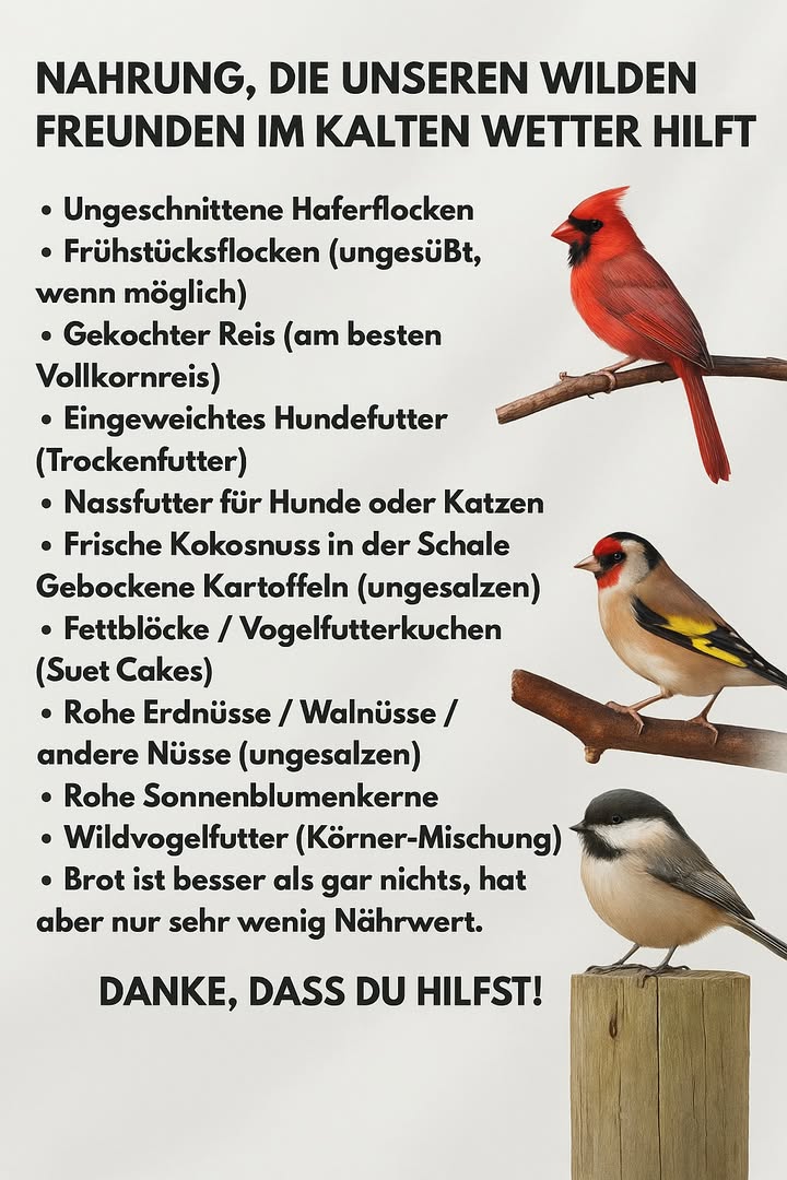 Winterfütterung in Deutschland: So hilfst du heimischen Vögeln richtig 

Wenn es kalt wird, finden viele Wildvögel weniger Insekten, Samen und Früchte. Mit einer sinnvollen Fütterung und frischem Wasser kannst du Stieglitz, Kohlmeise & Co. sicher durch die kalten Wochen helfen  ohne sie abhängig zu machen.

Welche Arten profitieren
 Stieglitz Distelfink: liebt feine Samen z. B. Nigersaat, Distelsamen
 Kohlmeise & Blaumeise: nehmen Erdnüsse, Sonnenblumenkerne, Meisenknödel
 Amsel & Rotkehlchen: mögen Weichfutter Haferflocken, Rosinen, Apfelstücke
 Haus- & Feldsperling: Körnermischungen, Getreideschrot, Hirse

Geeignetes Futter praxisbewährt
 Schwarze Sonnenblumenkerne energie- & nährstoffreich
 Nigersaat für Stieglitze; Hanf- und Leinsamen als Ergänzung
 Ungesalzene Erdnüsse gehackt, Walnüsse, Haselnüsse
 Meisenknödel/energieriegel ohne Netz! oder selbst gemachtes Fettfutter
 Haferflocken, getrocknete Beeren/Rosinen, klein geschnittene Äpfel/Birnen
 Winter-Protein: getrocknete Insekten/Mehlwürmer v. a. für Rotkehlchen/Zaunkönig
 Sauberes Wasser: täglich erneuern, lauwarm bei Frost nachgießen

Bitte vermeiden
 Gesalzenes/gewürztes Essen, Brot, Gebäck, Speckschwarten
 Fette in Netzen Verhedderungsgefahr
 Schimmelndes Futter oder ranzige Nüsse
 Milchprodukte Vögel vertragen keine Laktose

Futterplätze & Hygiene
 Mindestens zwei Futterstellen: 1 Körnerbar Röhren-/Silo, 1 Bodenbuffet Tablett/Weichfutter unter Sträuchern
 Abstand zu Fenstern und Hecken Katzen!  ideal: 23 m von Deckung entfernt, 1,5 m Höhe
 Täglich Krümel/Schalen entfernen; Trays/Haussilos 12 pro Woche mit heißem Wasser reinigen
 Kleine Mengen häufiger nachfüllen  hält alles frisch

Spezialtipps für Zielarten
 Stieglitz: Extra-Nigerspender kleine Öffnungen, zusätzlich Disteln/Skabiosen im Beet stehen lassen
 Kohlmeise: Erdnuss-Silo und feste Fettblöcke; Zweige zum Turnen anbinden
 Rotkehlchen: Weichfutter am Boden/unter Sträuchern; gern ein paar getrocknete Mehlwürmer
 Amsel: Apfelhälften, Haferflocken, Rosinen  am Boden, windgeschützt

Gartenfreundlich & naturnah
 Herbststauden erst im Frühjahr schneiden  Samenstände sind Winterbuffet
 Heimische Sträucher Schneeball, Weißdorn, Eberesche liefern Beeren
 Tränke flach 35 cm, Stein als Insel hineinlegen

Wann füttern?
 Verlässlich von November bis Ende Februar, besonders bei Frost/Schnee
 Im März langsam ausschleichen, damit die Brutzeit mit natürlichem Futter beginnt

Selbst gemachtes Fettfutter Basisrezept
 2 Teile Haferflocken  1 Teil gehackte Nüsse/Sonnenblumenkerne  1 Teil getrocknete Beeren
 Mit geschmolzenem Kokosfett oder Rindertalg binden, in Becher/Form drücken, aushärten lassen

Fazit
Mit geeignetem Futter, sauberen Silo- und Bodenstellen und etwas Deckung machst du deinen Garten zur sicheren Wintertankstelle. So siehst du bald Stieglitz, Kohlmeise, Rotkehlchen und Amsel aus nächster Nähe  und unterstützt sie verantwortungsvoll durch die kalte Zeit.