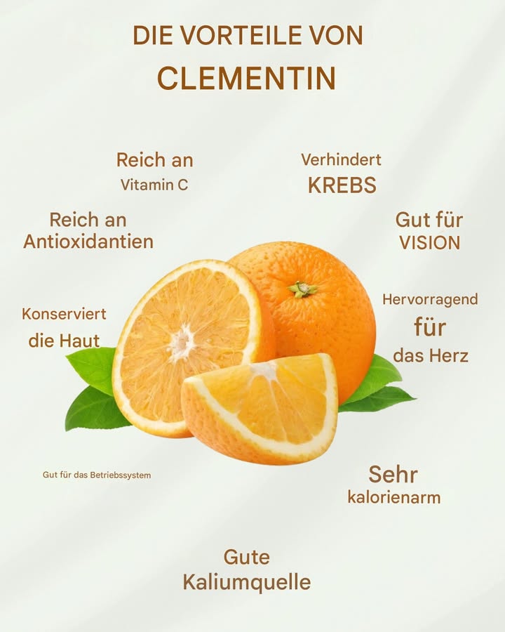 Die Vorteile der Clementine 

1 Quelle für Vitamin C
Die Clementine liefert eine gute Menge Vitamin C, ein Antioxidans, das das Immunsystem unterstützt.

2 Reich an Antioxidantien
Ihre antioxidativen Verbindungen helfen, die Wirkung freier Radikale im Körper zu reduzieren.

3 Unterstützt die Augengesundheit
Sie enthält Nährstoffe, die dazu beitragen, eine gute Sehkraft zu erhalten.

4 Gut für die Herzgesundheit
Die in der Clementine enthaltenen Flavonoide können zu einer besseren Herz-Kreislauf-Gesundheit beitragen.

5 Vorteile für die Haut
Ihre Antioxidantien helfen, die Haut vor Anzeichen der Hautalterung zu schützen.

6 Mineralien für starke Knochen
Sie liefert Kalzium und Magnesium, zwei wichtige Mineralstoffe für die Knochengesundheit.

7 Gute Kaliumquelle
Kalium unterstützt den Flüssigkeitshaushalt und die richtige Muskelfunktion.

8 Kalorienarm
Eine leichte, schmackhafte Frucht  ideal als gesunder Snack.