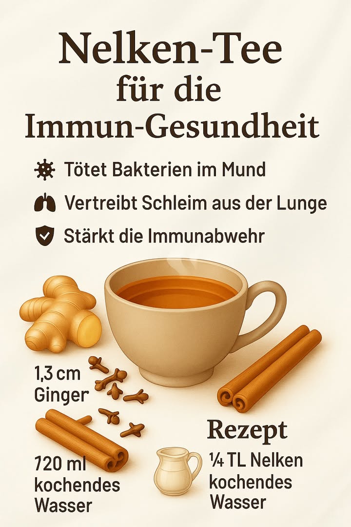Nelken-Tee für starke Immunabwehr 

1 Nelken-Tee unterstützt die natürliche Abwehrkraft des Körpers. Die Inhaltsstoffe wirken antibakteriell und helfen dabei, den Mundraum sauber zu halten. Die regelmäßige Anwendung stärkt das allgemeine Wohlbefinden besonders in belastenden Jahreszeiten.

2 Der Tee trägt dazu bei, festsitzenden Schleim aus der Lunge zu lösen. Die warme Flüssigkeit in Kombination mit Nelken und Ingwer erleichtert das Atmen und unterstützt die Atemwege bei der täglichen Regeneration.

3 Die Mischung aus Nelken, Ingwer, Zimt und heißem Wasser liefert wertvolle ätherische Öle. Diese Kombination fördert eine stabile Immunfunktion und kann den Körper bei der täglichen Belastung unterstützen.

4 Die Zubereitung bleibt einfach und klar. Eine kleine Menge Nelken, etwas Ingwer und Zimt werden mit heißem Wasser übergossen. Der Tee entfaltet seine Wirkung am besten frisch und warm getrunken.

 Eine ruhige, regelmäßige Anwendung fördert Stabilität und körperliche Stärke.