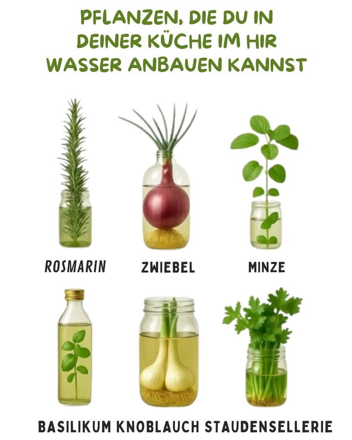 Pflanzen, die du in deiner Küche im Wasser anbauen kannst 
Nicht jeder hat einen großen Garten oder Balkon, um frische Kräuter und Gemüse anzubauen. Zum Glück gibt es eine einfache Möglichkeit, auch in der Küche für frisches Grün zu sorgen: Viele Pflanzen wachsen problemlos im Wasser nach. Alles, was du brauchst, sind Gläser oder kleine Gefäße, etwas Wasser und ein heller Standort.
 Welche Pflanzen eignen sich?
 Rosmarin
Rosmarin-Stecklinge können ins Wasser gestellt werden, bis sie Wurzeln bilden. Danach wachsen sie weiter und liefern aromatische Zweige für deine Küche.
暈 Zwiebel
Setzt man eine Zwiebel ins Wasser, treibt sie schnell grüne Triebe aus. Diese können wie Frühlingszwiebeln zum Garnieren oder Würzen verwendet werden.
 Minze
Ein Klassiker für Wasserkultur. Einfach ein paar Stecklinge in ein Glas stellen  schon nach kurzer Zeit bilden sich Wurzeln, und die Pflanze wächst kräftig weiter.
 Basilikum
Basilikum treibt im Wasser leicht neue Wurzeln. Besonders praktisch, wenn man frische Zweige aus dem Supermarkt hat  einfach ins Glas und weiter wachsen lassen.
龍 Knoblauch
Knoblauchzehen können im Wasser auskeimen und treiben grüne Sprossen. Diese sind milder als die Knolle selbst und eignen sich perfekt zum Würzen.
 Staudensellerie
Der untere Strunk von Sellerie wächst im Wasser nach. Mit der Zeit bildet er neue Stängel  ein toller Weg, Küchenreste nachhaltig zu nutzen.
 Tipps für den Erfolg
Wasser regelmäßig wechseln alle 23 Tage, damit es frisch bleibt.
Heller Standort am Fenster sorgt für kräftiges Wachstum.
Gefäße aus Glas sind ideal, da man die Wurzeln beobachten kann.
 Fazit
Mit dieser einfachen Methode kannst du jederzeit frische Kräuter und Gemüse in deiner Küche ziehen  ganz ohne Erde, Balkon oder Garten. So hast du immer eine kleine grüne Vorratskammer griffbereit und sparst dabei auch noch Geld.