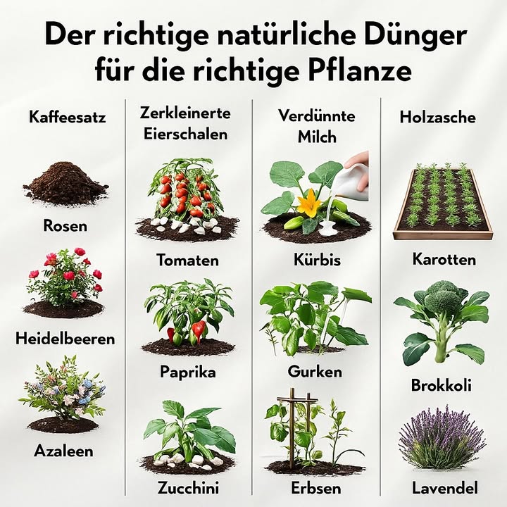 Natürliche Dünger richtig einsetzen 

Die Grafik zeigt klar, welche natürlichen Dünger bestimmte Pflanzen optimal unterstützen. Jeder Dünger liefert gezielte Nährstoffe und verbessert die Bodenstruktur. Die folgenden Hinweise fassen die wichtigsten Anwendungen zusammen.

1 Kaffeesatz
Kaffeesatz stärkt Rosen, Blaubeeren und Azaleen. Der leicht saure pH-Wert fördert ihre Wurzelgesundheit. Der organische Anteil verbessert zudem die Bodenfeuchtigkeit und aktiviert Mikroorganismen.

2 Zerkleinerte Eierschalen
Eierschalen liefern Kalzium für Tomaten, Paprika und Zucchini. Kalziummangel führt zu Blütenendfäule, daher profitieren diese Pflanzen stark von einer regelmäßigen Gabe. Die Schalen zersetzen sich langsam und wirken langfristig.

3 Verdünnte Milch
Verdünnte Milch unterstützt Kürbis, Gurken und Erbsen. Der Milchanteil stärkt das Pflanzengewebe und fördert eine gleichmäßige Entwicklung. Gleichzeitig wirkt der Milchfilm stabilisierend auf junge Blätter.

4 Holzasche
Holzasche versorgt Karotten, Brokkoli und Lavendel mit Kalium und Mineralstoffen. Sie verbessert die Bodenstruktur und erhöht den pH-Wert in leicht sauren Böden. Besonders robuste Pflanzen profitieren von dieser ausgewogenen Mineralquelle.

 Fazit

Gezielt eingesetzte Naturdünger fördern das Wachstum, stärken die Widerstandskraft und verbessern die Bodenqualität. Jede Pflanze reagiert unterschiedlich, daher wirkt die abgestimmte Auswahl besonders effektiv.