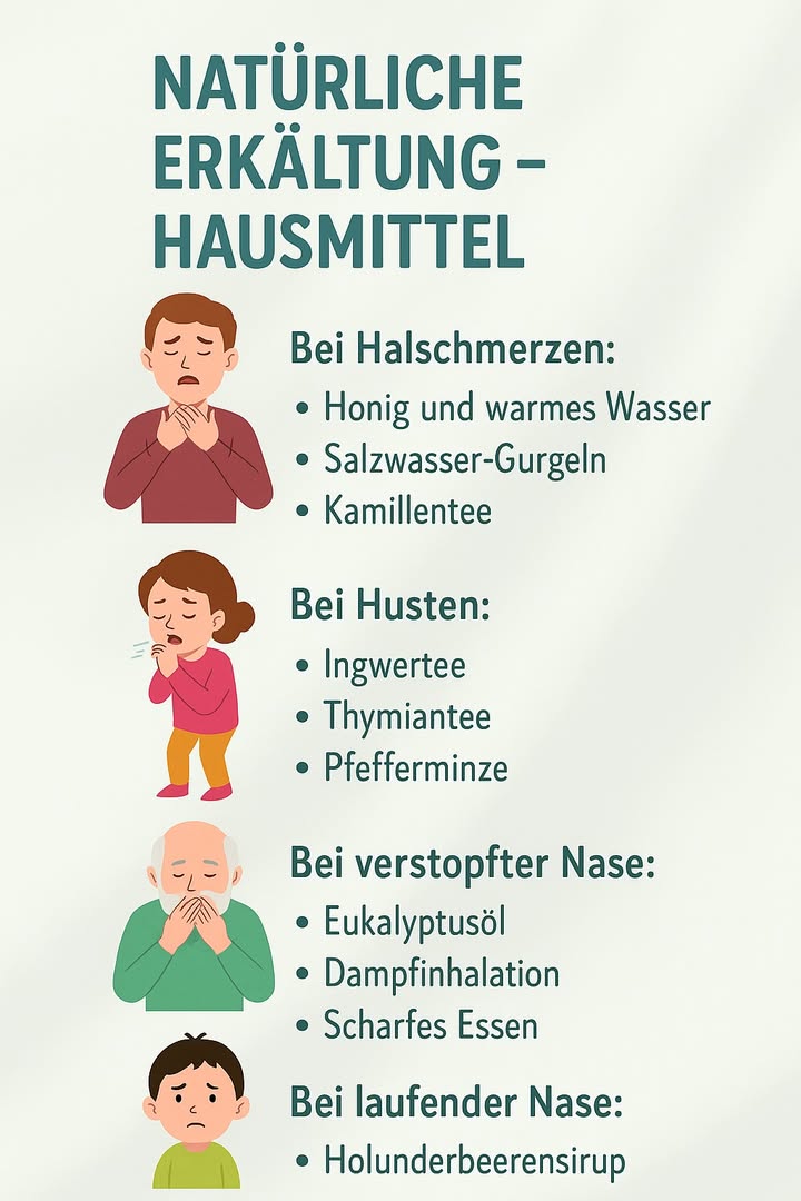 蠟 Praktischer Ratgeber: Natürliche Hausmittel gegen Erkältung

Häufige Symptome:
 Halsschmerzen  Reizung, die das Schlucken erschwert
 Husten  trocken oder mit Schleim
 Verstopfte Nase  entzündete, geschwollene Nasenschleimhaut
 Laufende Nase  natürliche Reaktion des Körpers, um Viren auszuschwemmen
 Müdigkeit  Erschöpfung durch die Abwehrreaktion des Körpers

 Gegen Halsschmerzen:
 Honig in warmem Wasser  beruhigt und lindert die Reizung
 Salzwasser-Gurgeln   TL Salz in einem Glas warmem Wasser
 Kamillentee  5 Minuten ziehen lassen, mit etwas Honig süßen

 Gegen Husten:
 Ingwertee  frische Scheiben 15 Minuten in Wasser kochen
 Thymianaufguss  1 TL Thymian mit heißem Wasser übergießen, 10 Minuten ziehen lassen
 Minze  als Tee oder Inhalation mit ätherischem Öl

 Gegen verstopfte Nase:
 Eukalyptusöl  ein paar Tropfen in heißem Wasser inhalieren
 Dampfbad  über eine Schüssel mit heißem Wasser beugen, Kopf mit Handtuch bedecken
 Scharfe Lebensmittel  Chili, Ingwer oder Wasabi helfen, die Atemwege zu öffnen

 Gegen laufende Nase:
 Holunderbeerensirup  reich an Antioxidantien, stärkt das Immunsystem
 Goldene Milch Kurkuma-Milch  1 TL Kurkuma in ein Glas warme Milch, vor dem Schlafengehen trinken

 Gegen Müdigkeit:
 Ginsengtee  10 bis 15 Minuten ziehen lassen
 Ausgewogene Ernährung  mageres Eiweiß, Obst, Gemüse und Vollkornprodukte
 Ausreichend Flüssigkeit  mindestens 8 Gläser Wasser pro Tag

 Vorbeugung:
 Immunstärkende Lebensmittel  Zitrusfrüchte, Beeren, Knoblauch, Ingwer
 Nahrungsergänzungsmittel  Vitamin C, D und Zink
 Gesunder Lebensstil  ausreichend Schlaf, Entspannung und regelmäßige Bewegung

 Mit einfachen, natürlichen Maßnahmen kannst du die Symptome lindern und dein Immunsystem stärken.