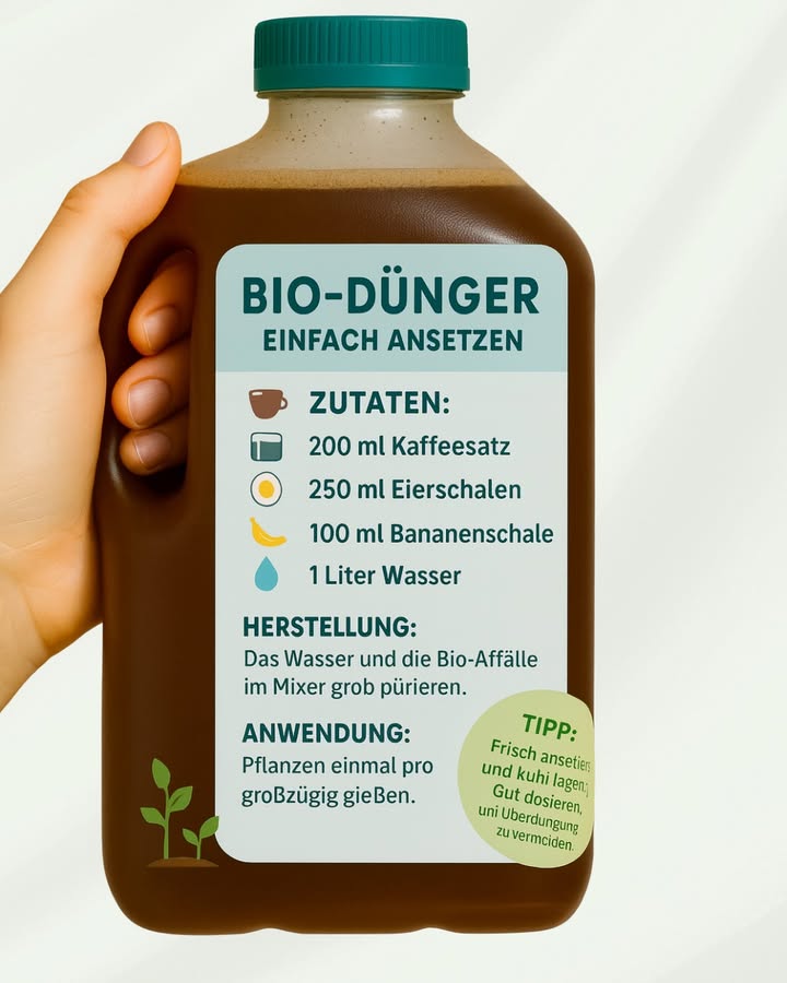 Hausgemachter Bio-Dünger: So werden deine Pflanzen richtig happy! 
1 Zutaten sammeln
Halbe Tasse Kaffeesatz, halbe Tasse zerdrückte Eierschalen, halbe Tasse Bananenschalen und ein Liter Wasser  klingt fast wie ein seltsamer Smoothie, oder? Keine Sorge, der ist nur für deine Pflanzen!
2 Alles mixen
Alles ab in den Mixer mit dem Wasser! Kurz vorwarnen: Es riecht ein bisschen besonders. Aber wer schön sein will, muss leiden  das gilt auch für den Garten.
3 Richtig verdünnen
Ganz wichtig: Nicht pur auf die Pflanzen kippen! Einen Teil Dünger mit drei Teilen Wasser mischen. Wer diesen Schritt überspringt, wundert sich schnell über gelbe Blätter.
4 Ab aufs Beet
Gieß die Pflanzen einmal im Monat mit der Mischung. Du wirst staunen, wie grün und kräftig sie werden! Und wenn was übrig bleibt: Einfach in einem geschlossenen Behälter im Kühlschrank lagern und bitte nicht aus Versehen als Eiskaffee trinken!.
5 Kleiner Tipp
Nicht für sehr junge oder empfindliche Pflanzen verwenden, sonst gibts vielleicht lange Gesichter. Und übertreibs nicht mit der Menge  weniger ist oft mehr!
Schon mal versucht und plötzlich stand der Kaffeebecher im Kühlschrank neben dem Dünger? Keine Sorge, du bist nicht allein!