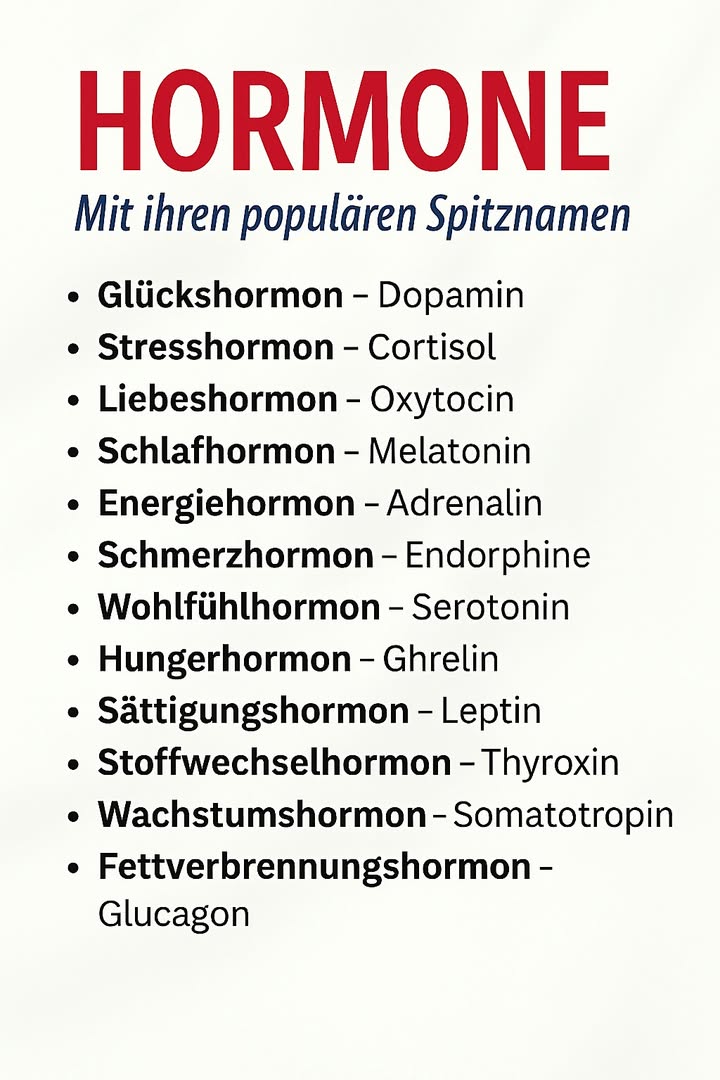 Hormone und ihre gebräuchlichen Beinamen 

1 Glückshormon  Dopamin
2 Stresshormon  Cortisol
3 Liebeshormon  Oxytocin
4 Schlafhormon  Melatonin
5 Energieschub-Hormon  Adrenalin
6 Schmerzlinderndes Hormon  Endorphine
7 Wohlfühlhormon  Serotonin
8 Hungerhormon  Ghrelin
9 Sättigungshormon  Leptin
 Stoffwechselhormon  Thyroxin
11 Wachstumshormon  Somatotropin
12 Knochenwachstumshormon  Calcitonin
13 Fettverbrennungshormon  Glucagon
14 Blutzuckerregulierendes Hormon  Insulin
15 Wasserhaushaltshormon  ADH Antidiuretisches Hormon
16 Kalziumhaushaltshormon  PTH Parathormon

#fblifestyle