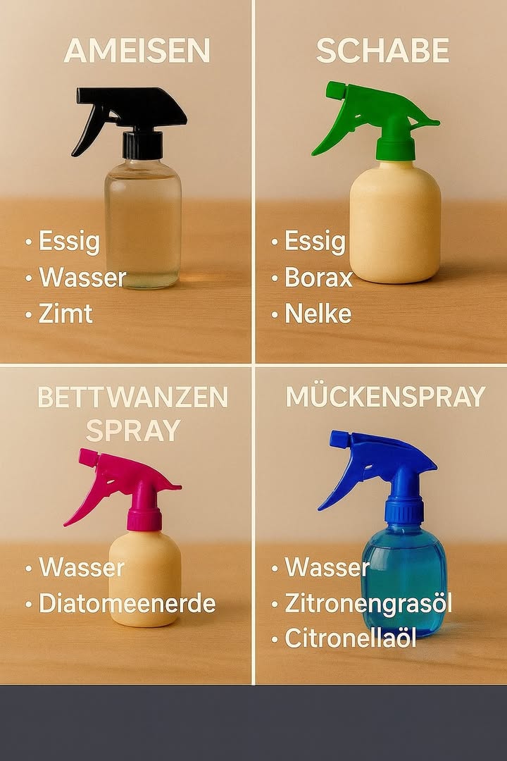 荒烈 Natürliche Sprays gegen Haushaltsschädlinge 烈荒

Haushaltsschädlinge lassen sich oft mit einfachen, natürlichen Mischungen eindämmen. Jede Mischung wirkt auf eine bestimmte Art, indem sie Gerüche, Oberflächen oder Atemwege der Schädlinge beeinflusst. Die folgenden Hinweise zeigen klare und wirksame Anwendungen für verschiedene Schädlinge.

1 Ameisen
Essig, Wasser und Zimt bilden eine starke Kombination. Essig stört die Duftspuren, während Zimt eine natürliche Barriere bildet. Die Mischung entlang von Wegen und Eintrittsstellen aufsprühen.

2 Schaben
Eine Mischung aus Essig, Borax und Nelke wirkt gegen Schaben. Borax trocknet sie aus, Nelke stört ihren Geruchssinn und Essig wirkt zusätzlich abschreckend. Nur an sicheren Stellen verwenden, fern von Haustieren und Kindern.

3 Bettwanzen
Wasser und Diatomeenerde unterstützen die Bekämpfung. Die feine Erde beschädigt die äußere Schutzschicht der Bettwanzen, wodurch sie austrocknen. Die Mischung gezielt auf Ritzen, Nähte und Bereiche rund um das Bett anwenden.

4 Mückenspray
Wasser, Zitronengrasöl und Citronellaöl erzeugen einen intensiven Duft, den Mücken meiden. Die Mischung auf Fensterrahmen, Haut oder Kleidung auftragen, um Mücken fernzuhalten.

Diese einfachen Mittel wirken unterstützend und helfen dabei, Schädlinge auf natürliche Weise zu reduzieren, ohne aggressive Chemikalien einzusetzen.