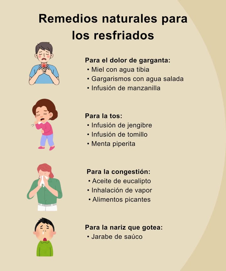 guide Guía práctica: Remedios naturales para los resfriados

Síntomas comunes :
 Dolor de garganta: irritación que dificulta la deglución. 
 Tos: seca o productiva con mucosidad
 Congestión nasal: fosas nasales inflamadas y bloqueadas
 Secreción nasal: mecanismo natural de eliminación del virus
 Fatiga: agotamiento debido a la lucha del organismo contra las infecciones . 

For Para el dolor de garganta :
 Miel en agua tibia  calma y suaviza la garganta
 Haga gárgaras con agua salada   cucharadita de sal en un vaso de agua tibia
 Infusión de manzanilla  5 min de infusión, con un poco de miel

For Para toser :
 Té de jengibre  hervir rodajas de jengibre 15 min
 Infusión de tomillo  1 cucharadita en agua caliente, 10 min
 Menta  en infusión o inhalación con aceite esencial

  Para congestión :
 Aceite de eucalipto  unas gotas en agua tibia para inhalar
 Vapor  respire sobre un recipiente con agua caliente debajo de una toalla
 Alimentos picantes  ají, jengibre, wasabi para liberar las fosas nasales

For Para la secreción nasal :
 Jarabe de saúco saúco negro  rico en antioxidantes e inmunoestimulante
 Leche de cúrcuma  1 cucharadita en un vaso de leche tibia, antes de dormir

For Para la fatiga :
 Té de ginseng  infusión de 10 a 15 min.
 Dieta equilibrada  proteínas magras, frutas, verduras, cereales integrales
 Hidratación regular  al menos 8 vasos de agua al día

 Prevención :
 Alimentos que fortalecen la inmunidad: cítricos, frutos rojos, ajo, jengibre
 Suplementos: vitaminas C, D y zinc
 Estilo de vida saludable: sueño adecuado, relajación y ejercicio regular . 

 Gestos sencillos y naturales para calmar los síntomas y fortalecer el organismo.