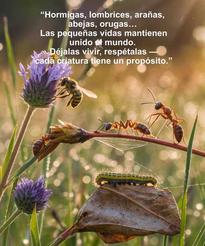 Cada pequeña criatura cumple un papel en el ecosistema.
Las hormigas airean la tierra, los gusanos reciclan nutrientes,
las arañas controlan las plagas y las abejas polinizan nuestros alimentos. 
Cada una de estas vidas, aunque a menudo ignoradas,
es esencial para la salud de nuestro planeta.
Respetarlas nos enseña humildad y conciencia,
recordándonos que el equilibrio depende incluso de los seres más pequeños.
Actos simples como devolver con cuidado un insecto al exterior
o dejar la tierra sin remover
pueden ayudar a mantener la red de vida que todos compartimos.