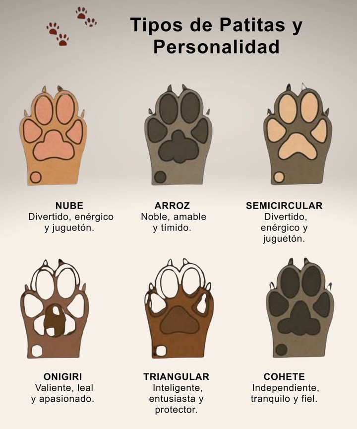 Tipos de Patitas y Personalidad 

Cada patita tiene su encanto y refleja una personalidad única:
 Nube  Divertido, enérgico, juguetón
 Arroz  Noble, amable, tímido
 Semicircular  Alegre, activo, vivaz
 Onigiri  Valiente, leal, apasionado
 Triangular  Inteligente, entusiasta, protector
 Cohete  Independiente, tranquilo, fiel

 Porque incluso en sus patitas, nuestros amigos peludos nos muestran quiénes son.
