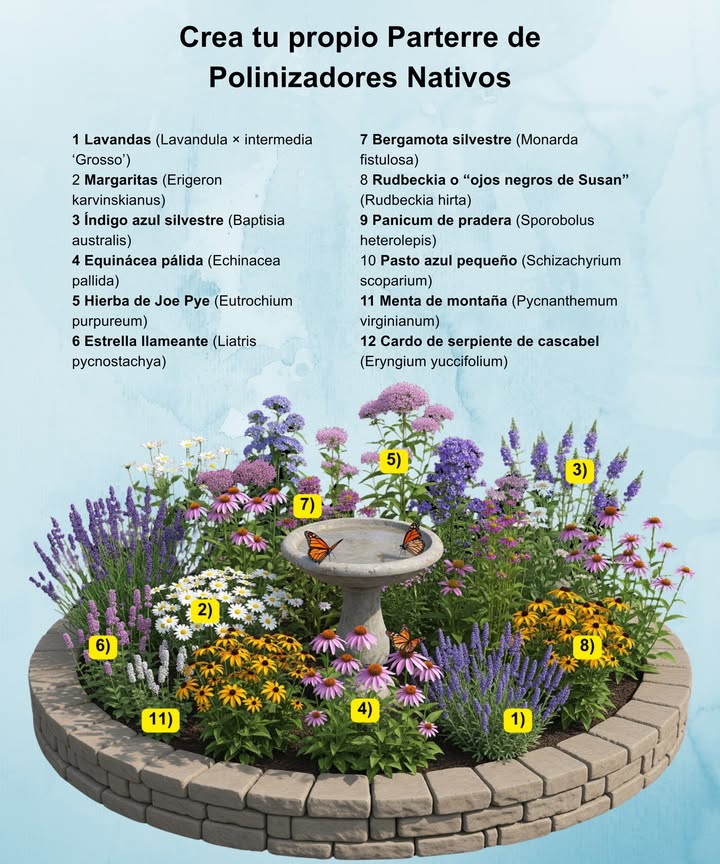 Un jardín compacto y colorido que mantiene ocupadas a las abejas, mariposas y colibríes desde la primavera hasta el otoño. Cada planta aporta belleza, estructura y néctar en cada rincón.

 Lavanda  Zonas 59, espigas moradas aromáticas para las abejas.
 Margaritas  Zonas 49, flores blancas alegres que florecen durante meses.
 Índigo azul silvestre  Zonas 39, flores azul intenso a inicios del verano.
 Equinácea púrpura pálida  Zonas 39, pétalos rosados llenos de néctar.
 Hierba de Joe Pye  Zonas 49, altos ramilletes malvas que atraen mariposas.
 Estrella llameante Liatris  Zonas 39, flores moradas verticales de final de temporada.
 Bergamota silvestre  Zonas 39, flores fragantes malvas para abejas y colibríes.
 Rudbeckia Susan de ojos negros  Zonas 39, margaritas doradas que llenan los espacios con calidez.
 Menta de montaña  Zonas 38, hojas plateadas y pequeñas flores llenas de vida.

 Consejo de plantación: coloca la hierba de Joe Pye y la estrella llameante al fondo, llena el centro con equinácea y bergamota, y bordea con lavanda y margaritas para crear un borde suave y fragante.