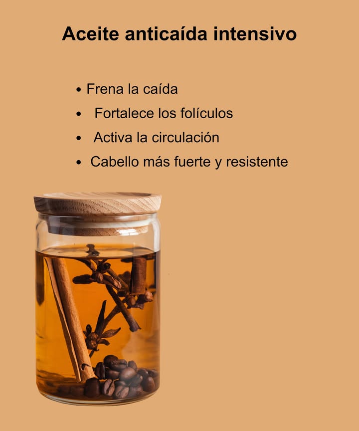 Aceite Anticaída Intensivo café canela clavos ricino Ingredientes: 1 cda de café en grano o molido grueso 1 rama de canela 68 clavos de olor 100 ml de aceite de ricino 㮝 100 ml de aceite de oliva para aligerar Paso a paso: 1 Frasco limpio. 2 Agrega café, canela y clavos. 3 Mezcla el aceite de ricino con el de oliva y vierte hasta cubrir. 4 Calienta al baño María durante 2530 min fuego bajo o deja macerar durante 23 semanas. 5 Cuela, envasa y etiqueta. Uso: Masajea el cuero cabelludo durante 5 min, déjalo actuar de 12 h y luego lava. Repite 23 veces por semana.