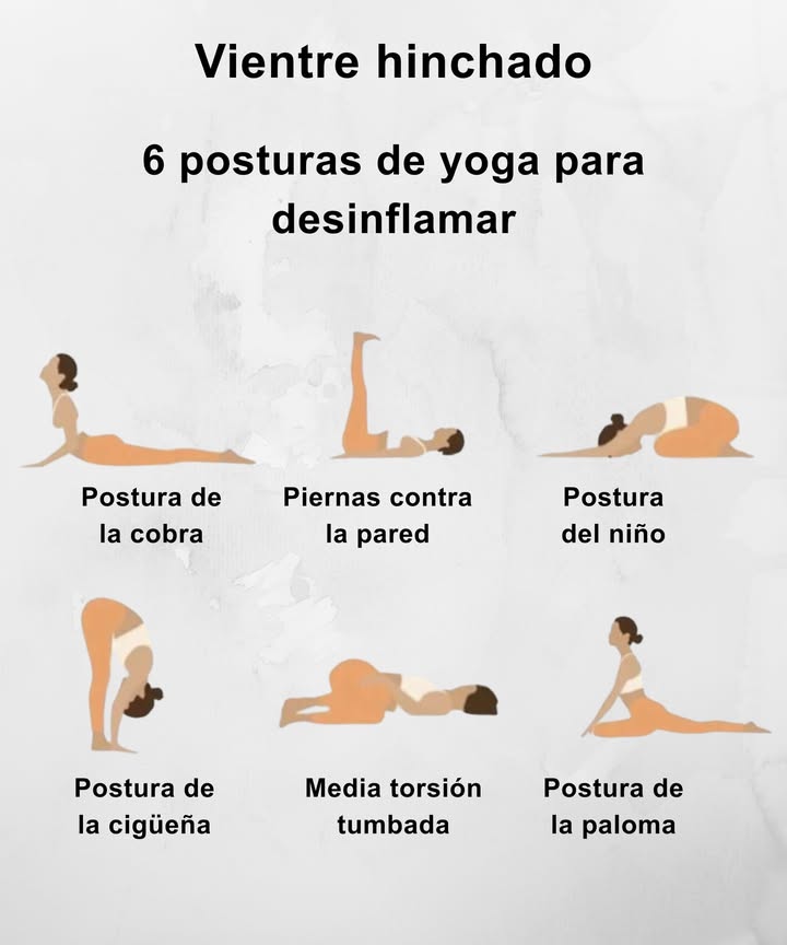 Vientre hinchado 6 posturas de yoga que alivian y desinflaman Postura de la cobra Activa la digestión, abre el abdomen y reduce la sensación de presión. Piernas contra la pared Favorece el retorno venoso, relaja el vientre y alivia gases. Postura del niño Descomprime el abdomen y calma la tensión interna. Postura de la cigüeña El estiramiento intenso ayuda a liberar aire atrapado y a suavizar la hinchazón. Media torsión tumbada Masajea los órganos digestivos y facilita la eliminación de gases. Postura de la paloma Relaja la cadera, disminuye la rigidez y reduce la inflamación abdominal.