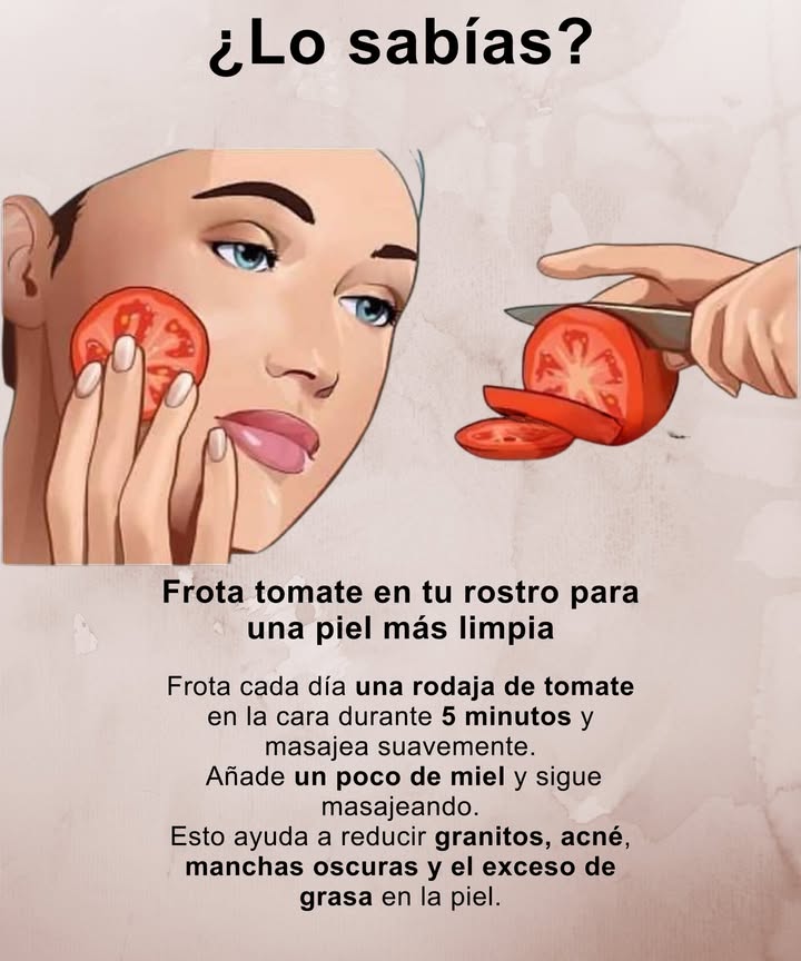 Lo sabías? Frota tomate en tu rostro para una piel más limpia Frota cada día una rodaja de tomate en la cara durante 5 minutos y masajea suavemente. Añade un poco de miel y sigue masajeando. Esto ayuda a reducir granitos, acné, manchas oscuras y el exceso de grasa en la piel.