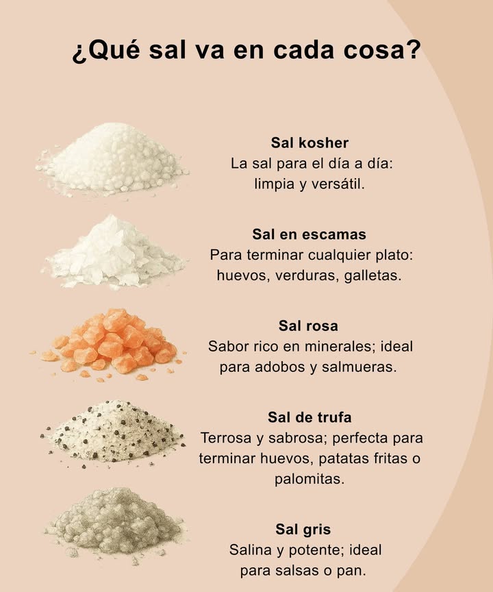 Qué sal usar en cada preparación Una guía rápida para potenciar sabores y elegir la textura perfecta. Sal kosher Limpia, ligera y versátil. La mejor opción para el uso diario. Sal en escamas Acabado crujiente para huevos, verduras, carnes, panes o galletas. Sal rosa Rica en minerales y con sabor suave. Ideal para adobos, marinadas y salmueras. Sal de trufa Aromática y terrosa. Perfecta para terminar huevos, patatas fritas o palomitas. Sal gris Más salina y profunda. Aporta carácter a salsas, panes y platos rústicos.