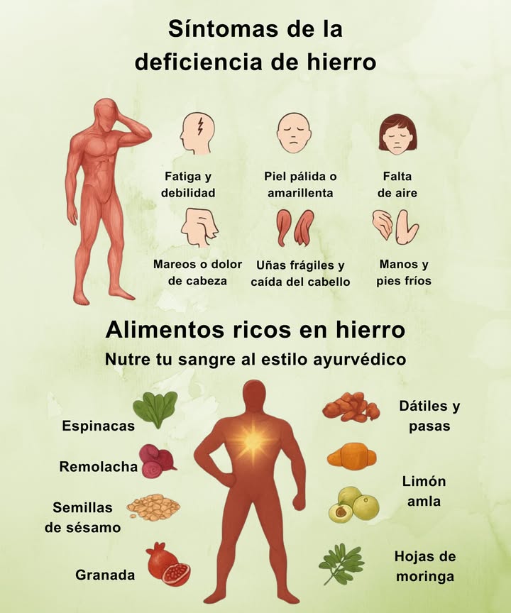 Síntomas de la deficiencia de hierro Fatiga constante, piel pálida o amarillenta y falta de aire indican que el cuerpo no recibe suficiente hierro. También son frecuentes los mareos, el dolor de cabeza, las uñas frágiles, la caída del cabello y la sensación de frío en manos y pies. Alimentos ricos en hierro Nutre tu sangre con ingredientes naturales al estilo ayurvédico. Espinacas Ricas en hierro y clorofila. Remolacha Apoya la producción de glóbulos rojos. Semillas de sésamo Fuente concentrada de minerales. Granada Fortalece la sangre y aporta antioxidantes. Dátiles y pasas Energía rápida y hierro vegetal. Limón amla Vitamina C que mejora la absorción del hierro. Hojas de moringa Potenciadoras de energía y micronutrientes.