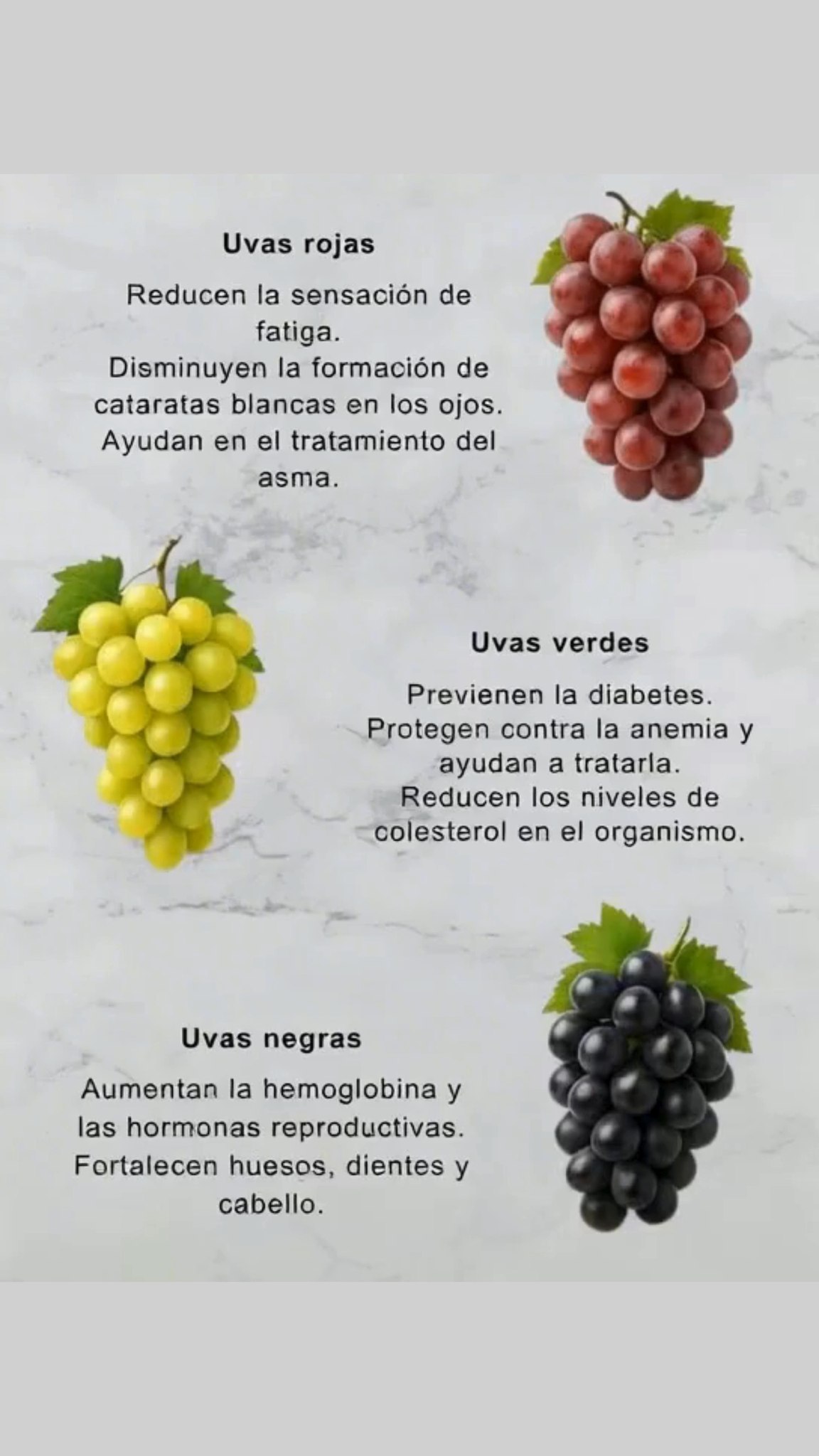 Uvas rojas Reducen la fatiga Disminuyen las cataratas en los ojos Ayudan en el tratamiento del asma Uvas verdes Previenen la diabetes Protegen contra la anemia Reducen el colesterol en el organismo Uvas negras Aumentan la hemoglobina y las hormonas reproductivas Fortalecen huesos, dientes y cabello