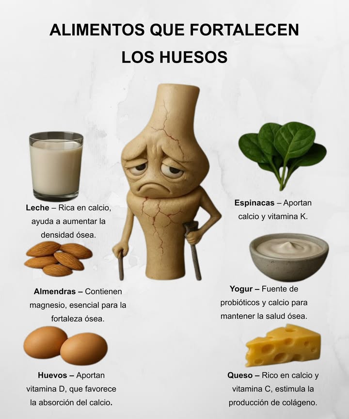 領 Alimentos que fortalecen los huesos Leche Rica en calcio, ayuda a aumentar la densidad ósea. Almendras Contienen magnesio, esencial para la fortaleza ósea. Huevos Aportan vitamina D, que favorece la absorción del calcio. Espinacas Aportan calcio y vitamina K. Yogur Fuente de probióticos y calcio para mantener la salud ósea. Queso Rico en calcio y vitamina C, estimula la producción de colágeno.