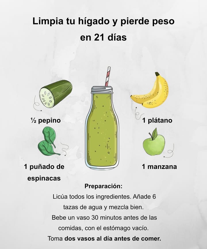 勒 Batido para limpiar el hígado y perder peso pepino 1 plátano 1 manzana 1 puñado de espinacas Preparación: Licuá todos los ingredientes con 6 tazas de agua hasta obtener una mezcla homogénea. Bebe un vaso 30 min antes de las comidas, con el estómago vacío. Toma dos vasos al día antes de comer durante 21 días.