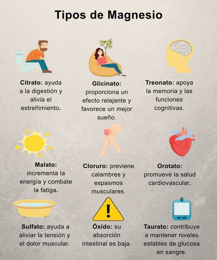 蓼 Tipos de Magnesio Cada forma de magnesio desempeña un papel único en nuestro cuerpo. Seleccionar la opción correcta puede mejorar significativamente tu bienestar diario. Citrato: ayuda a la digestión y alivia el estreñimiento. Glicinato: proporciona un efecto relajante y favorece un mejor sueño. 易 Treonato: apoya la memoria y las funciones cognitivas. Malato: incrementa la energía y combate la fatiga. Cloruro: previene calambres y espasmos musculares. Orotato: promueve la salud cardiovascular. Sulfato: ayuda a aliviar la tensión y el dolor muscular. Óxido: su absorción intestinal es baja. Taurato: contribuye a mantener niveles estables de glucosa en sangre.