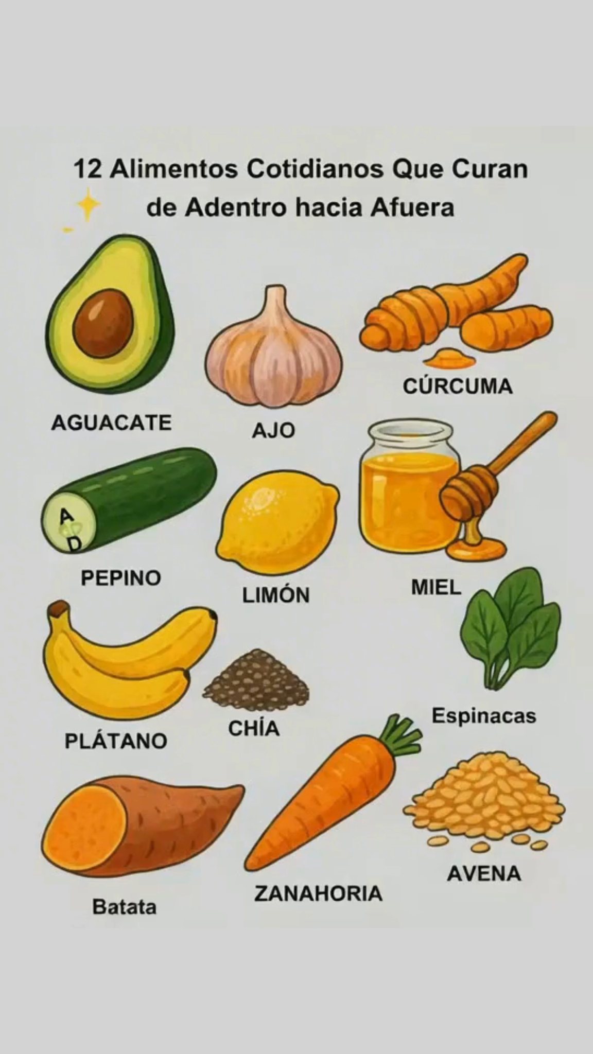 陋 Aguacate Protege tu corazón y calma la inflamación. 龍 Ajo Escudo natural contra resfriados e infecciones. Cúrcuma Raíz dorada para articulaciones fuertes y menos dolor. Miel Alivio dulce para la tos y el dolor de garganta. 勒 Pepino Héroe de la hidratación para una piel radiante. Limón Desintoxicación suave y ayuda a la digestión. Espinacas Ricas en hierro para energía y vitalidad. Batata Fibra vitaminas = intestino feliz. Plátano Calma el estómago y levanta el ánimo . Chía Semillas diminutas, corazón poderoso y apoyo digestivo. 凌 Zanahoria Defiende ojos y piel con antioxidantes. Avena Reduce el colesterol y mantiene la saciedad por más tiempo. Consejo rápido: Incluye algunos de estos alimentos en tu dieta diaria y tu cuerpo responderá con más energía, defensas fuertes y una salud radiante.