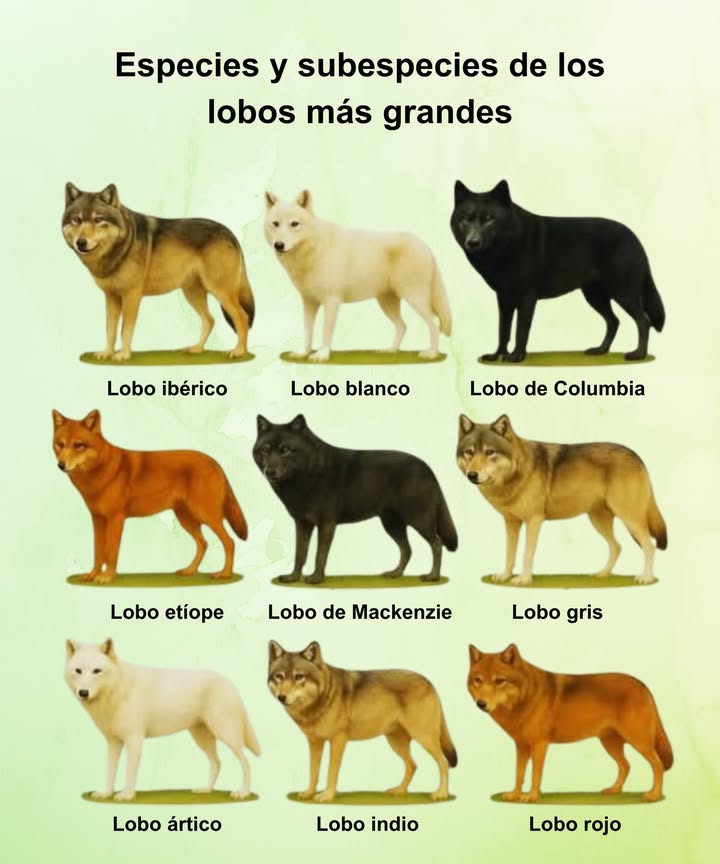 Los lobos más grandes del planeta Lobo ibérico: habitante de la península ibérica, fuerte y resistente. Lobo blanco: adaptado al frío extremo del Ártico. Lobo de Columbia: majestuoso y de pelaje oscuro. Lobo etíope: el más raro y amenazado de África. Lobo de Mackenzie: símbolo del norte canadiense. Lobo gris: el más extendido del mundo. Lobo ártico: vive en regiones polares con temperaturas extremas. Lobo indio: más pequeño, ágil y adaptado a climas cálidos. Lobo rojo: especie única de Norteamérica, de tono cobrizo. Cada uno refleja la increíble diversidad y adaptación del género Canis lupus.