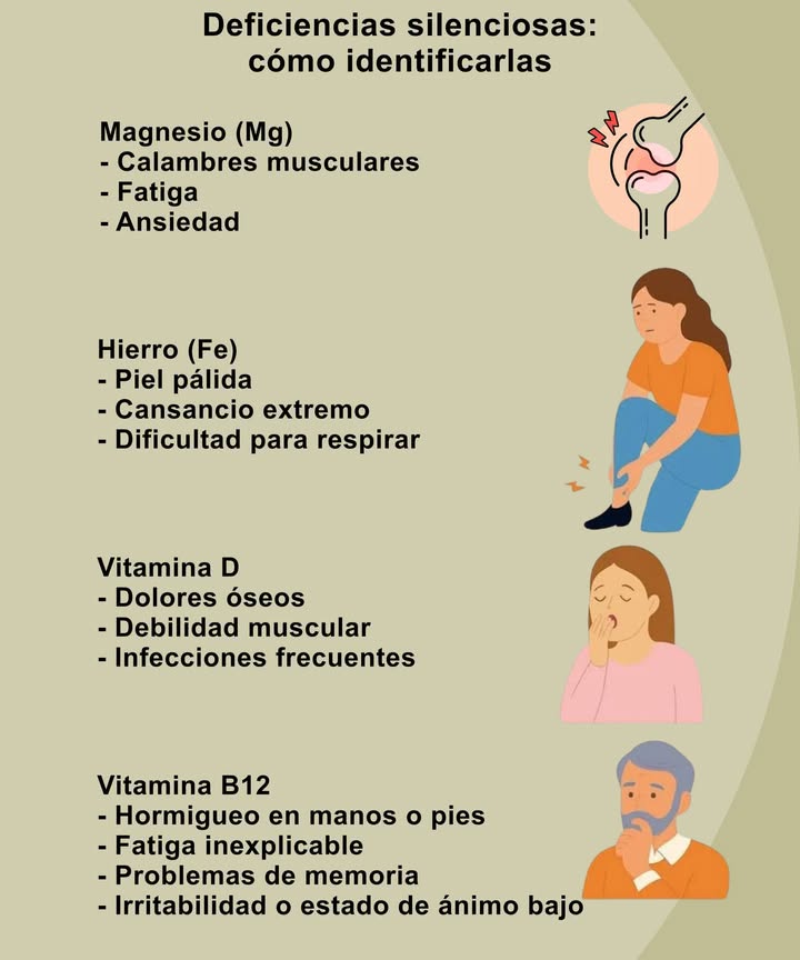 Deficiencias silenciosas: cómo identificarlas Magnesio Mg - Calambres musculares - Fatiga - Ansiedad Hierro Fe - Piel pálida - Cansancio extremo - Dificultad para respirar Vitamina D - Dolores óseos - Debilidad muscular - Infecciones frecuentes Vitamina B12 - Hormigueo en manos o pies - Fatiga inexplicable - Problemas de memoria - Irritabilidad o estado de ánimo bajo Es vital mantener un balance adecuado de vitaminas y minerales para el bienestar físico y mental. Una dieta variada y saludable ayuda a prevenir estas deficiencias de manera natural.