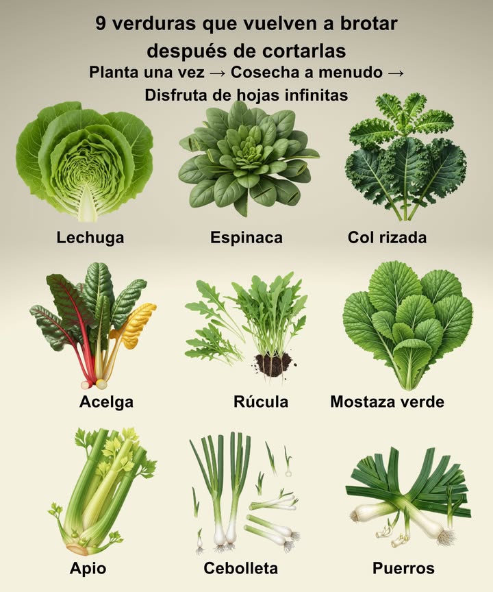 Verduras de Corte y Rebrote Planta una vez Cosecha a menudo Disfruta de hojas infinitas Cosechas continuas a partir de una sola siembra: estas verduras vuelven a crecer después de cada corte, manteniendo tu huerto productivo y fresco toda la temporada. Lechuga Zonas 211 Sol pleno Sombra parcial Favorita de clima fresco; corta las hojas exteriores para un rebrote constante. Espinaca Zonas 39 Sombra parcial Ama el clima fresco; protégela con sombra ligera cuando haga calor. Col rizada Kale Zonas 49 Sol pleno Sombra parcial Cosecha las hojas inferiores y seguirá produciendo durante meses. Acelga Zonas 310 Sol pleno Recorta los tallos externos nuevos brotes aparecerán enseguida. Rúcula Zonas 311 Sol pleno Sombra parcial Hojas picantes que se regeneran rápidamente tras cada cosecha. Mostaza verde Zonas 611 Sol pleno Sabor intenso; corta las hojas externas para mantener el crecimiento. Berza Collard Greens Zonas 610 Sol pleno Corta las hojas inferiores con frecuencia para una producción continua. Cebollines / Cebolletas Zonas 311 Sol pleno Recorta las puntas y observa cómo los bulbos emiten nuevos brotes. Pak Choi / Bok Choy Zonas 410 Sol pleno Sombra parcial Cosecha los tallos exteriores dejando el centro intacto para que rebrote. Apio Zonas 410 Sol pleno Corta por encima de la corona ideal para rebrotar en interior o exterior. Puerros Zonas 710 Sol pleno Corta justo por encima de las raíces; nuevos tallos aparecerán pronto. Consejo: Cosecha con moderación pero con frecuencia mantendrás las plantas vigorosas y tu cocina siempre llena.