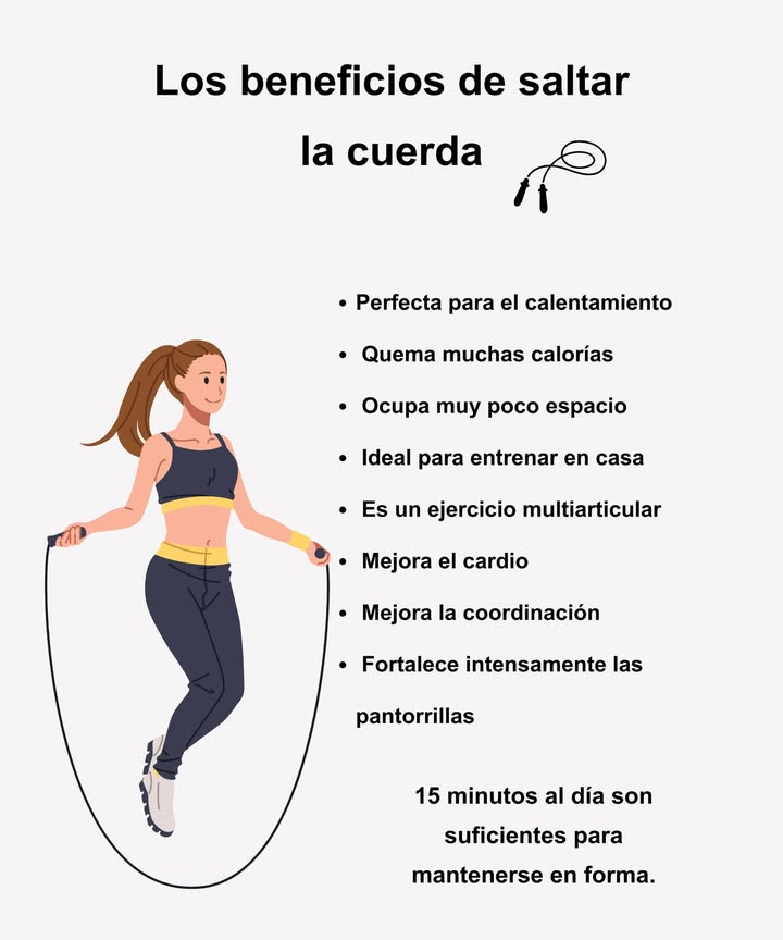 Beneficios de saltar la cuerda Quema muchas calorías en poco tiempo Fortalece piernas y pantorrillas Mejora el cardio y la resistencia Ideal para entrenar en casa 律 Mejora la coordinación y el equilibrio Solo 15 minutos al día ayudan a mantenerse en forma Perfecta para el calentamiento y ocupa muy poco espacio
