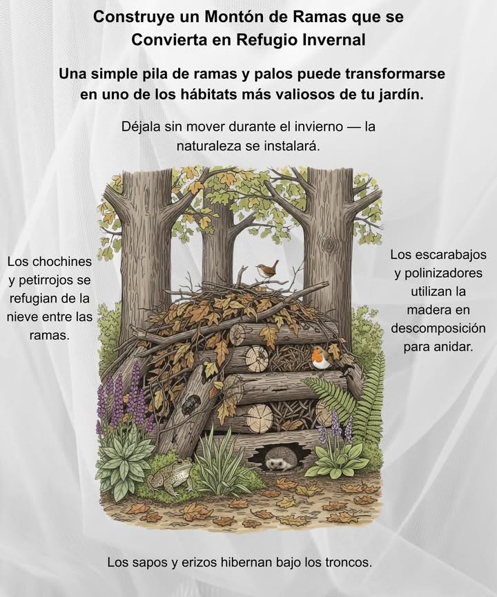 蝹 Crea un Montón de Ramas como Refugio Invernal Un simple montón de palos y ramas puede convertirse en uno de los hábitats más valiosos de tu jardín. Cómo hacerlo: Coloca troncos o ramas gruesas en la base para dejar huecos de aire. Añade ramas medianas y palitos encima. Rellena los espacios con hojas, corteza y paja. Sitúalo en un rincón tranquilo y sombreado. Quién se refugia allí: Los reyezuelos, petirrojos y gorriones se protegen del viento y la nieve. Sapos, ranas y pequeños mamíferos hibernan seguros en su interior. Escarabajos y polinizadores aprovechan la madera en descomposición para anidar. Déjalo sin mover durante el invierno. En primavera se transformará en un pequeño ecosistema que recicla nutrientes y da vida a la fauna del jardín.