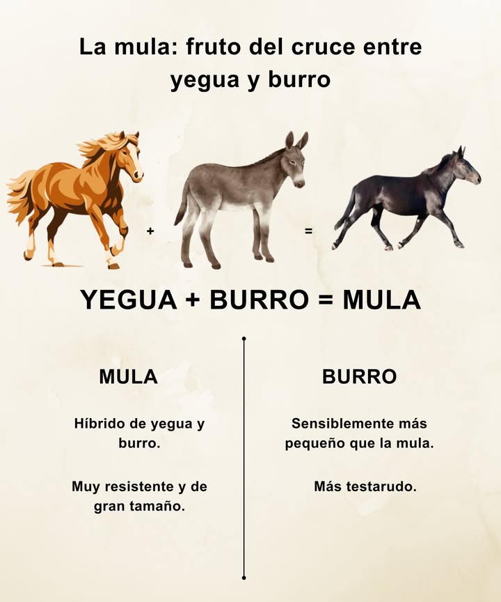 La Mula: El Resultado del Cruce entre una Yegua y un Burro

 Producto singular de la combinación entre una yegua y un burro, la mula es casi siempre estéril debido a la diferencia en el número de cromosomas: 62 en el burro y 64 en el caballo.

 Durante siglos, ha sido utilizada en la agricultura y como animal de carga, destacándose por su potencia, resistencia y robustez. Su cuerpo y tamaño son similares a los del caballo, con dentición y pelaje uniforme, mientras que su cabeza corta y maciza junto con sus orejas largas revelan su herencia de burro.

#AnimalesDeGranja #AgriculturaTradicional #RobustezYDurabilidad 蓮