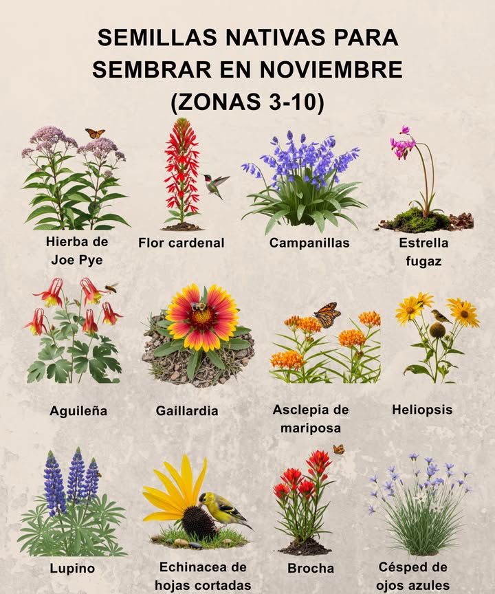 12 Semillas de Plantas Nativas para Sembrar en Noviembre
Las noches frías ayudan a que las semillas nativas rompan la dormancia  esparce, presiona ligeramente y deja que la escarcha haga el resto. 

 Joe Pye Weed  Zonas 49  Sol completo  sombra parcial
Flores altas que aman la humedad, perfectas para mariposas y jardines de lluvia.

 Flor del cardenal  Zonas 39  Sol completo  sombra parcial
Picos escarlatas que atraen colibríes; ama el suelo húmedo.

 Campanillas  Zonas 37  Sombra parcial
Campanas azules suaves que se inclinan; perfectas para bosques y orillas de arroyos.

 Estrella fugaz  Zonas 48  Sombra parcial
Florece a principios de primavera con pétalos hacia arriba; prospera en suelos ricos en humus.

 Aquilegia  Zonas 38  Sol parcial
Flores elegantes, con espolones largos, en rojo, amarillo o azul.

 Gaillardia Flor de manta  Zonas 39  Sol completo
Margaritas rojas y doradas; resistentes al calor y la sequía.

 Asclepia para mariposas  Zonas 310  Sol completo
Planta hospedadora del monarca; flores naranjas que prosperan en suelos arenosos.

 Heliopsis Girasol falso  Zonas 39  Sol completo  sombra parcial
Flores doradas que alimentan abejas y jilgueros.

 Lupino  Zonas 38  Sol completo  sombra parcial
Planta fijadora de nitrógeno con altas espigas de flores azules y rosas.

 Echinacea de hojas cortadas  Zonas 39  Sol completo  sombra parcial
Flores amarillas brillantes; deja las cabezas de semilla para los jilgueros.

 Pincel de indio  Zonas 48  Sol completo  sombra parcial
Pinceles rojos ardientes; se resemeja fácilmente después de la exposición al frío.

 Hierba de ojos azules  Zonas 49  Sol completo
Follaje similar a la hierba con pequeñas estrellas violeta-azul.