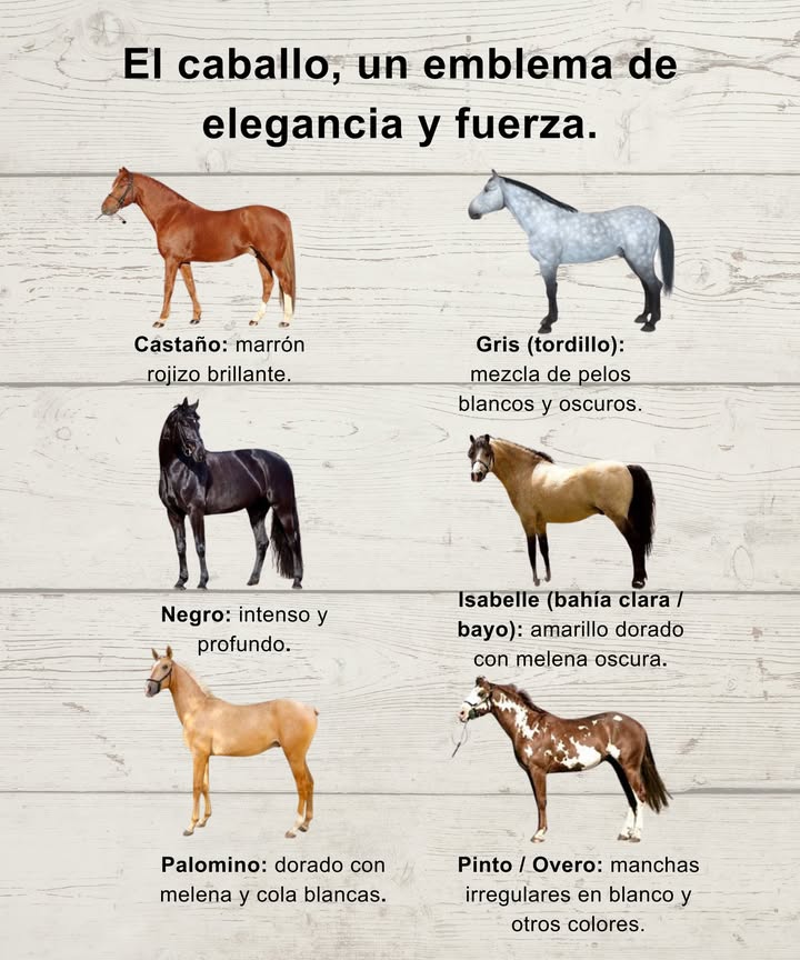El caballo, un emblema de elegancia y fuerza. Durante milenios, ha sido el compañero del ser humano en trabajo, deporte y amistad. Su pelaje exhibe una diversidad única, resultado de su genética. Colores y patrones más comunes: - Castaño: marrón rojizo brillante. - Gris tordillo: mezcla de pelos blancos y oscuros. - Negro: intenso y profundo. - Isabelle bahía clara / bayo: amarillo dorado con melena oscura. - Palomino: dorado con melena y cola blancas. - Pinto / Overo: manchas irregulares en blanco y otros colores. Cada pelaje es no solo una manifestación de belleza, sino también un reflejo de valores simbólicos y tradiciones culturales alrededor del mundo.