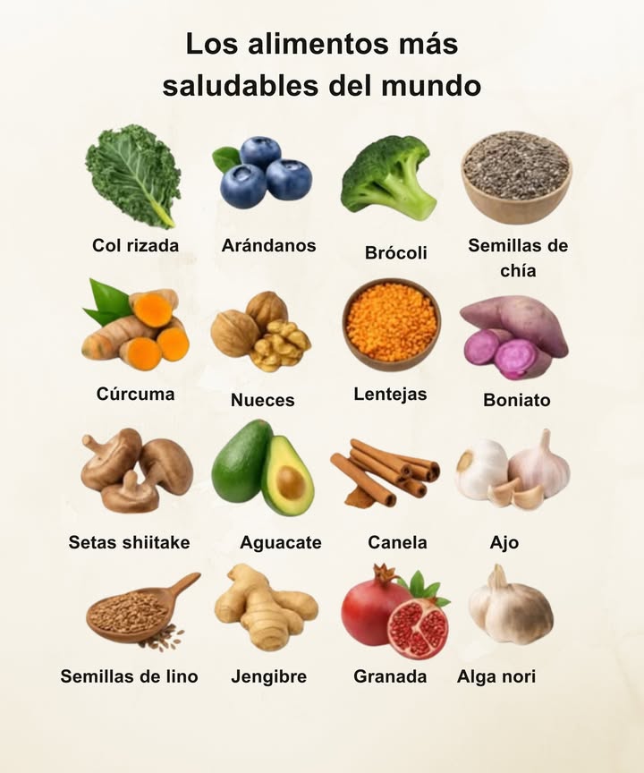 塞 Col rizado: Rico en vitaminas A, C y K, así como en potentes antioxidantes; refuerza la inmunidad y protege las células. 𢡄 Arándanos: Muy concentrados en antioxidantes, mejoran la memoria y reducen el estrés oxidativo. 復 Brócoli: Contiene sulforafano, un compuesto con potentes propiedades anticancerígenas y desintoxicantes. Semillas de chía: Excelente fuente de omega-3, fibra y proteínas; favorecen la digestión y aportan energía. Cúrcuma: Contiene curcumina, un potente antiinflamatorio natural que protege las articulaciones y el cerebro. 樂 Nueces: Ricas en omega-3 y antioxidantes, benefician la salud del cerebro y del corazón. Lentejas: Fuente de proteínas vegetales y fibra; estabilizan la glucemia y mejoran la digestión. Boniato: Rico en betacaroteno y fibra, favorece la salud ocular y del sistema digestivo. Shiitake: Contiene compuestos que refuerzan la inmunidad y benefician el corazón y el colesterol. 陋 Aguacate: Rico en grasas saludables y potasio; protege el corazón y mejora la saciedad. Canela: Ayuda a regular la glucemia y posee potentes propiedades antioxidantes. 龍 Ajo: Contiene alicina, un compuesto antibacteriano y protector cardiovascular. Semillas de lino: Excelente fuente de fibra y omega-3; favorecen la digestión y la salud hormonal. Jengibre: Antiinflamatorio natural, mejora la digestión y reduce las náuseas. Granada: Muy rica en polifenoles, protege el corazón y combate la inflamación. Algas nori: Extremadamente ricas en yodo y minerales, apoyan la función tiroidea y aportan antioxidantes únicos. Por qué estos alimentos se consideran de los más saludables? Porque son especialmente ricos en nutrientes esenciales vitaminas, minerales, antioxidantes y ácidos grasos beneficiosos que favorecen la longevidad y ayudan a prevenir enfermedades.