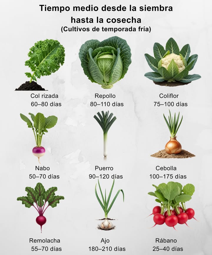 Cultivos de estación fría: tiempos de cosecha
Suelo frío, mañanas frescas y un crecimiento constante: los huertos de invierno avanzan despacio, pero luego recompensan con generosidad.

 Consejo: Siembra cultivos rápidos entre los de ciclo largo para mantener las camas productivas y llenar la cesta de cosecha durante todo el invierno.