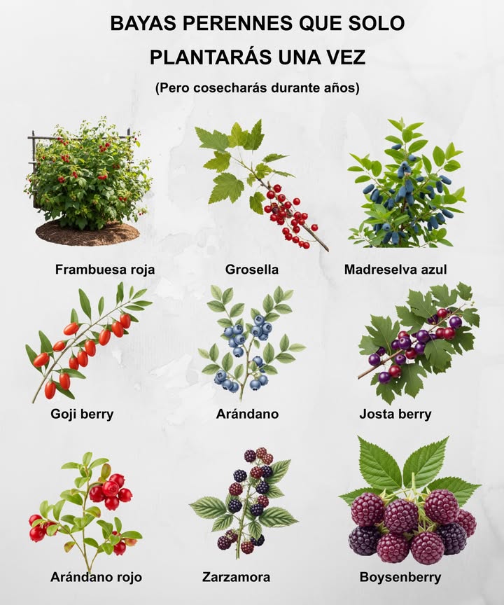 Estas bayas perennes son resistentes, productivas y llenas de sabor  perfectas para los huertos caseros 

 Frambuesa roja  Zonas 39
Sol pleno  Produce desde el 1er año  Hasta 20 años
Sabor dulce y clásico que prospera en muchos climas.

 Baya de Goji  Zonas 39
Sol pleno  Produce desde el 3er año  Hasta 15 años
Superalimento amante del sol, rico en antioxidantes.

 Grosella  Zonas 38
Semisombra  Produce desde el 3er año  Hasta 20 años
Racimos ácidos y jugosos ideales para mermeladas y setos comestibles.

 Madreselva azul Haskap  Zonas 28
Semisombra  Produce desde el 3er año  Hasta 50 años
Muy resistente al frío y de producción temprana  necesita planta polinizadora.

 Arándano Highbush o Rabbiteye  Zonas 39
Sol pleno  Produce desde el 3er año  Hasta 30 años
La baya favorita de América  ama los suelos ácidos y la humedad constante.

 Zarzamora variedades sin espinas  Zonas 49
Sol pleno  Produce desde el 2º año  Hasta 15 años
Tallos vigorosos y fáciles de cuidar, con sabor intenso y abundante cosecha.

 Arándano rojo Lingonberry  Zonas 38
Semisombra  Produce desde el 2º año  Prefiere suelos ácidos
Excelente cubresuelo con bayas ácidas ideales para salsas y conservas.

 Jostaberry  Zonas 38
Sol parcial  Produce desde el 4º año
Híbrido de grosella y uva espina con un sabor profundo y complejo.

 Boysenberry  Zonas 59
Sol pleno  Produce desde el 2º3º año  1520 años
Híbrido de frambuesa y zarzamora  dulce, ácido y perfecto para tartas.

 Consejos:
 La mayoría necesita más de 6 horas de sol
 Acolcha bien y poda cada año
 Elige 2 variedades compatibles si requieren polinización cruzada

華 Planta una vez y cosecha durante décadas.