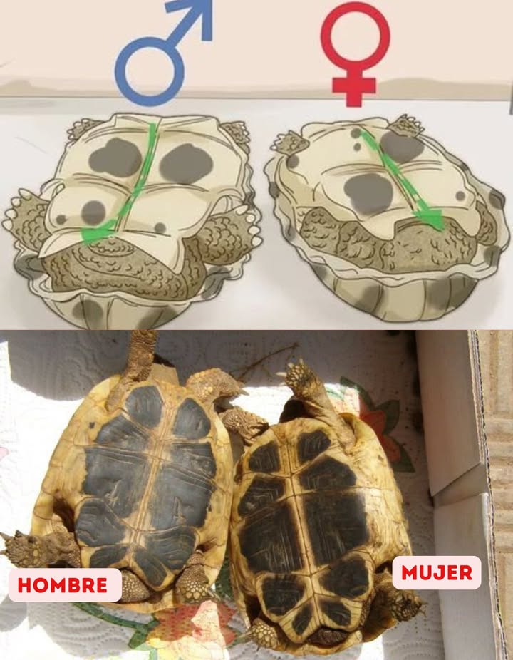Cómo diferenciar una tortuga macho de una hembra 

 Macho izquierda:

Plastrón parte inferior del caparazón ligeramente cóncavo para facilitar el apareamiento.

Cola más larga y gruesa.

Orificio cloacal más alejado del caparazón.

 Hembra derecha:

Plastrón plano para facilitar la puesta de huevos.

Cola más corta y fina.

Orificio cloacal más cerca del caparazón.

 Conocer el sexo de tu tortuga ayuda a brindarles los cuidados adecuados y planificar la reproducción.