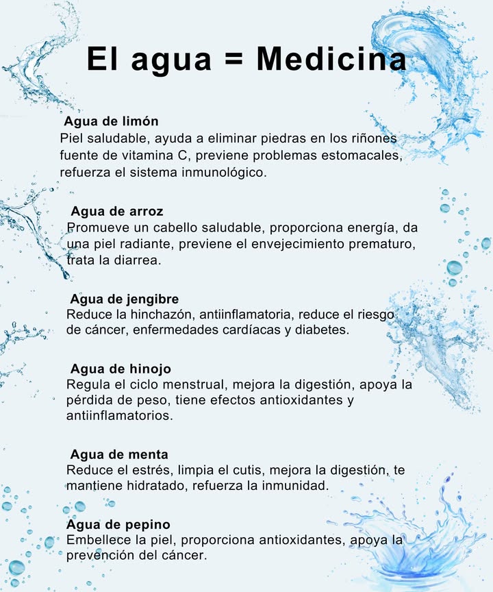 El agua es medicina natural

 Agua de limón
Fortalece el sistema inmunitario, limpia el organismo, favorece la digestión y aporta brillo a la piel.

懶 Agua de arroz
Embellece el cabello, da energía, suaviza la piel y previene el envejecimiento prematuro.

李 Agua de jengibre
Desinflama, mejora la circulación, fortalece el corazón y ayuda a controlar el azúcar en sangre.

 Agua de hinojo
Favorece la digestión, regula el ciclo menstrual y ayuda en la pérdida de peso.

 Agua de menta
Reduce el estrés, limpia el cutis, mejora la digestión y refuerza la inmunidad.

 Agua de pepino
Hidrata, rejuvenece la piel y protege del daño celular.

 Cada sorbo cuenta: hidrata, equilibra y sana desde dentro.